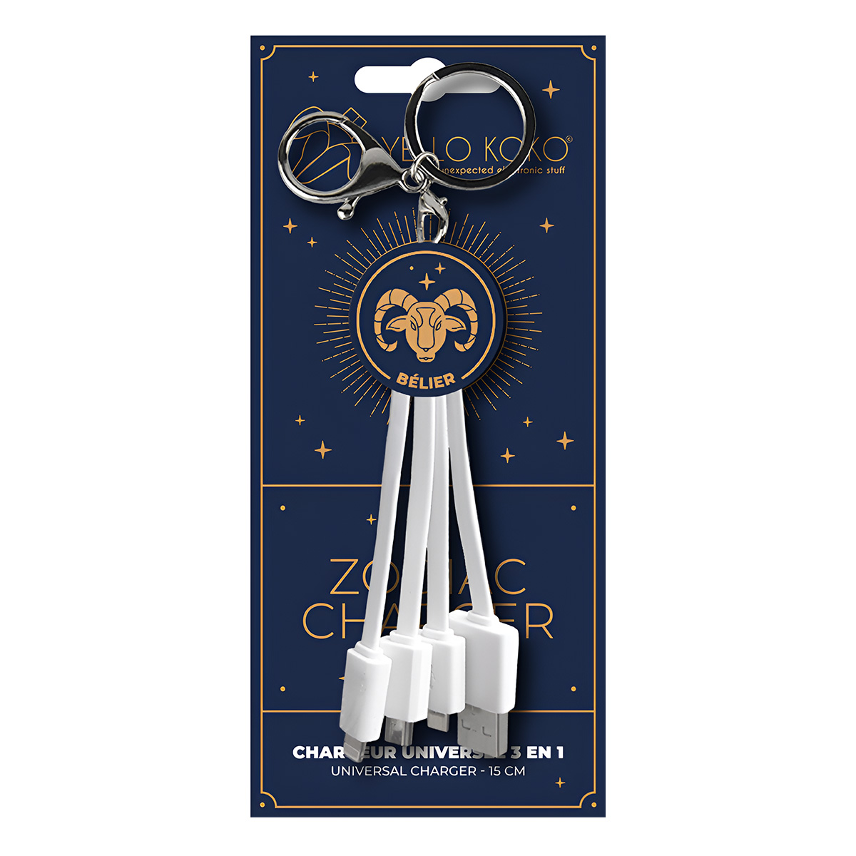 Un chargeur zodiacal avec symbole du Bélier et 3 câbles USB sur fond sombre.