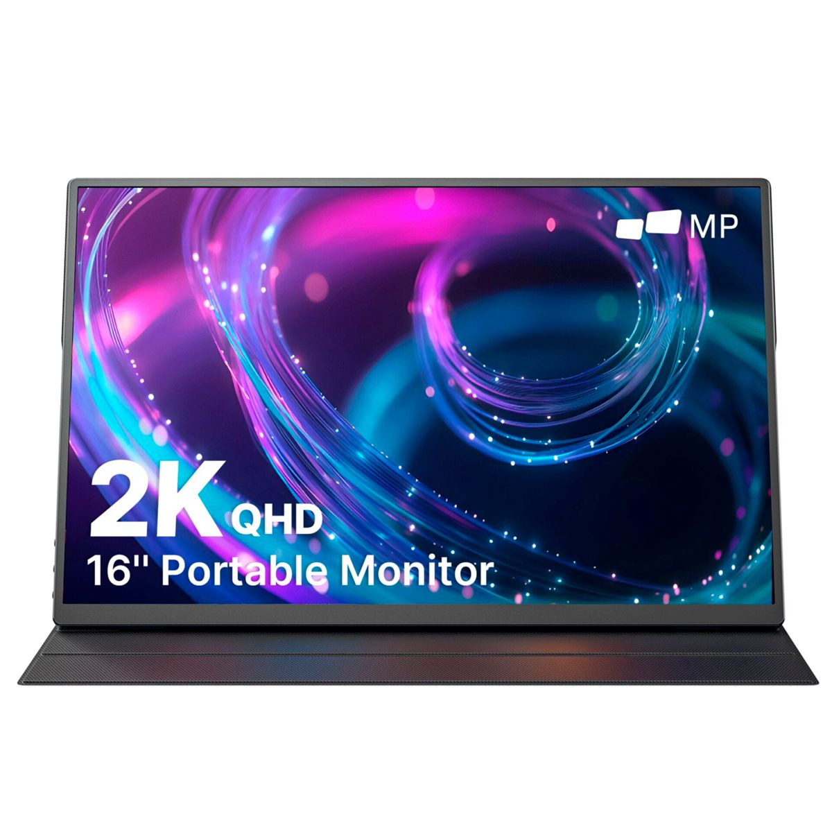 Ein 16" tragbarer Monitor zeigt „2K QHD“ vor farbigem, wirbelndem Hintergrund.