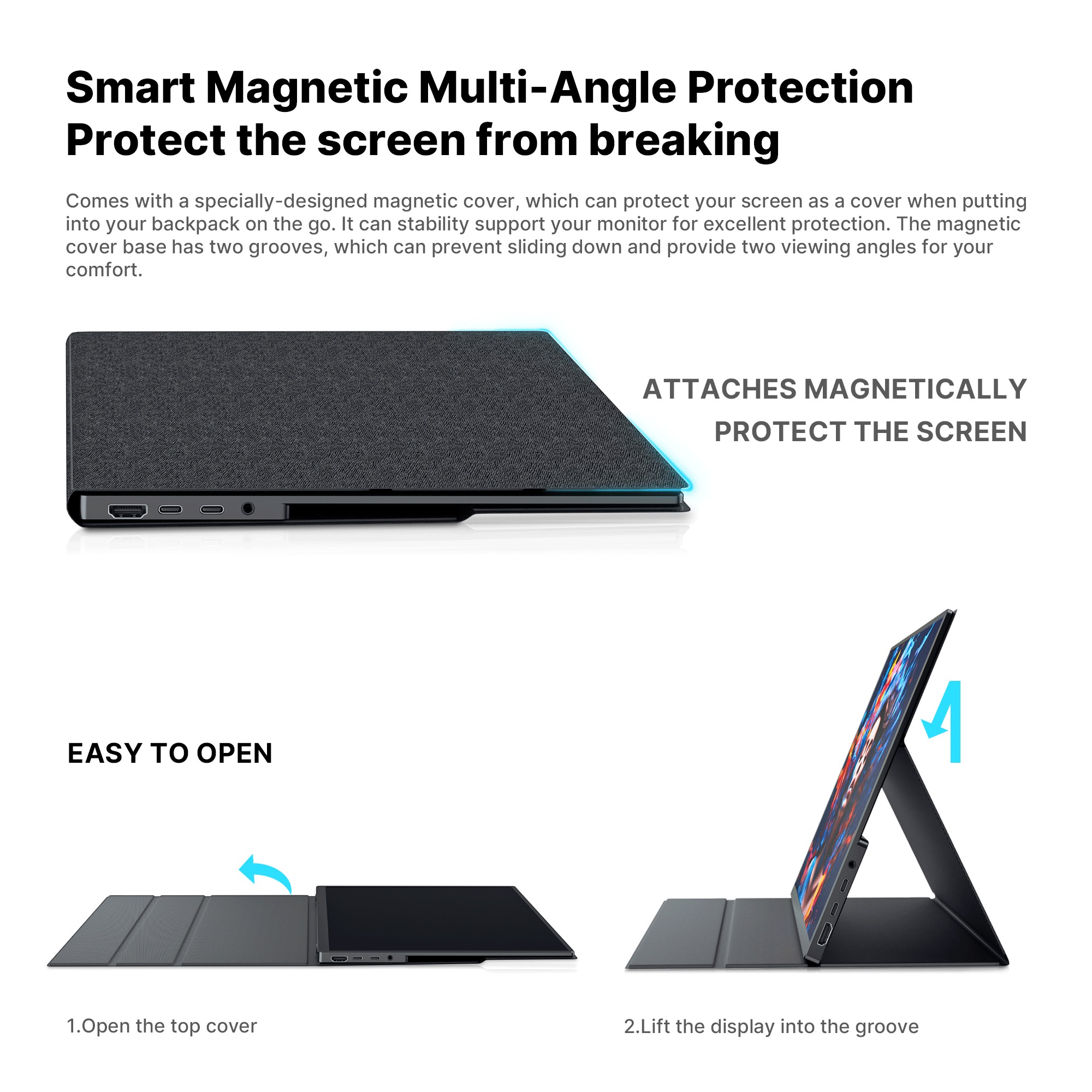 Ein schwarzer Laptop-Ständer mit magnetischer Abdeckung und Anschlüssen.