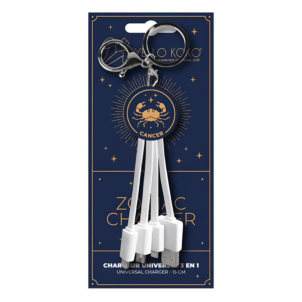 Un chargeur signe astrologique Cancer avec porte-clés et trois câbles blancs.