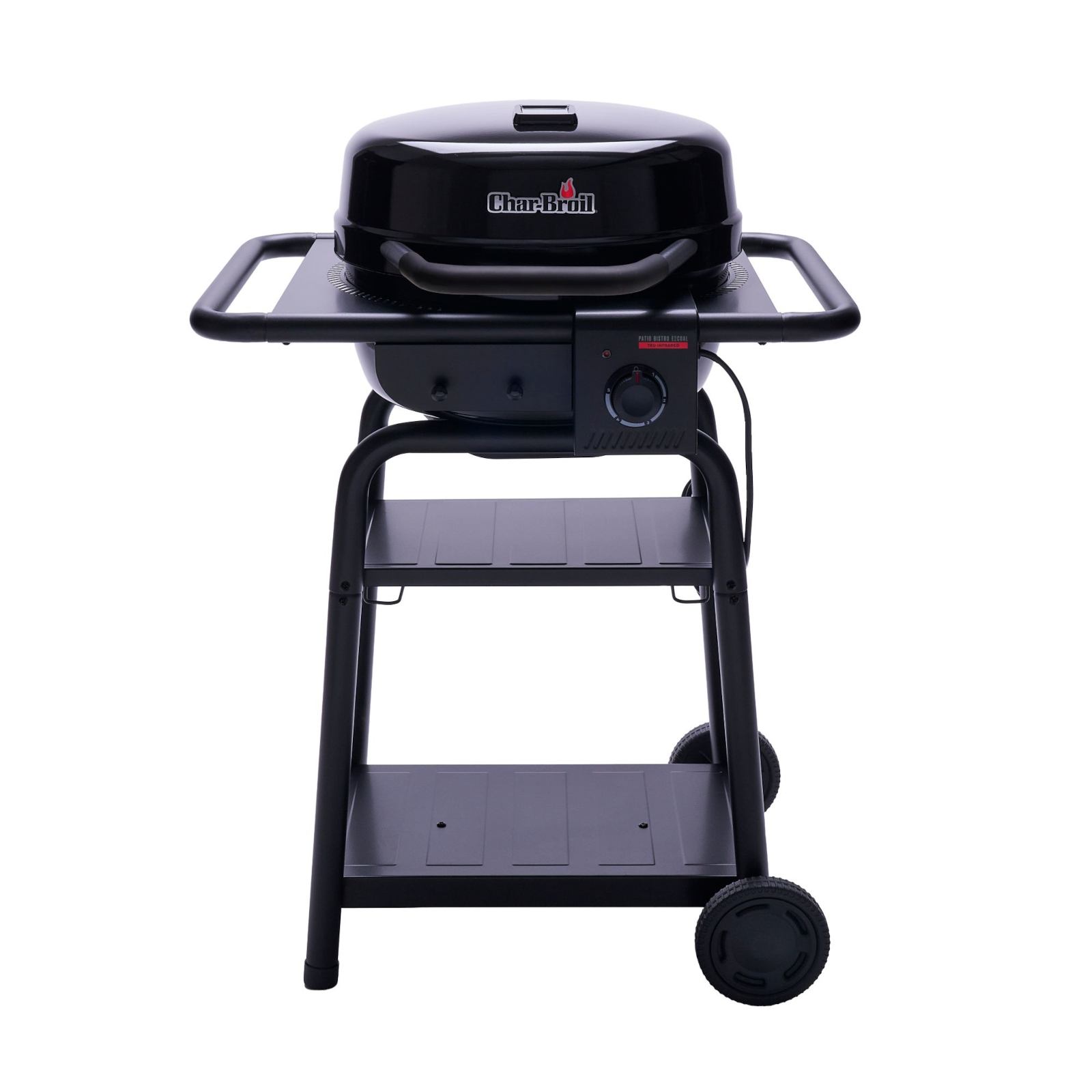 Schwarzer Gasgrill mit Deckel und zwei Ablagen auf Rädern.