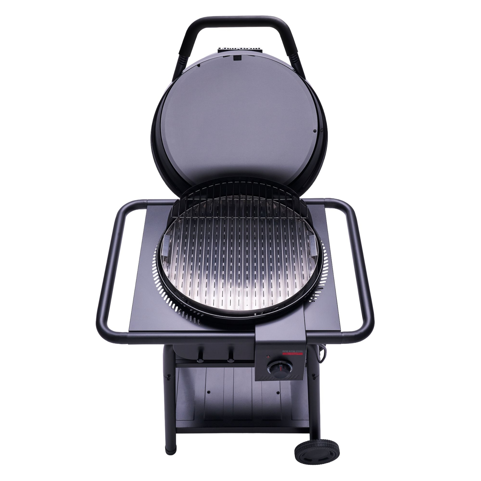 Ein schwarzer Gasgrill mit offenem Deckel und Grillrost steht auf Rädern.