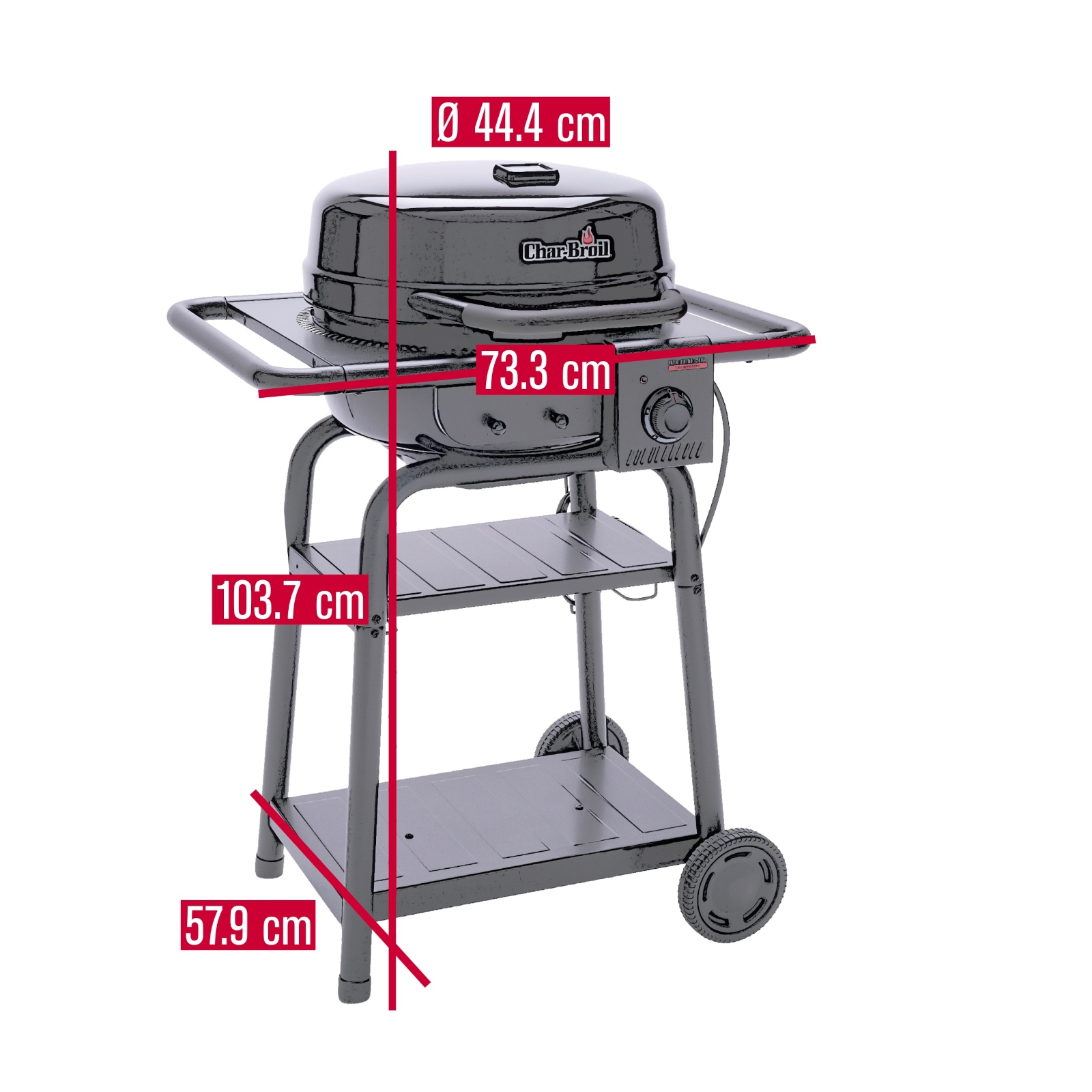 Ein schwarzer Char-Broil Grill mit Maßen 44,4 cm Durchmesser, 73,3 cm Breite, 103,7 cm Höhe.