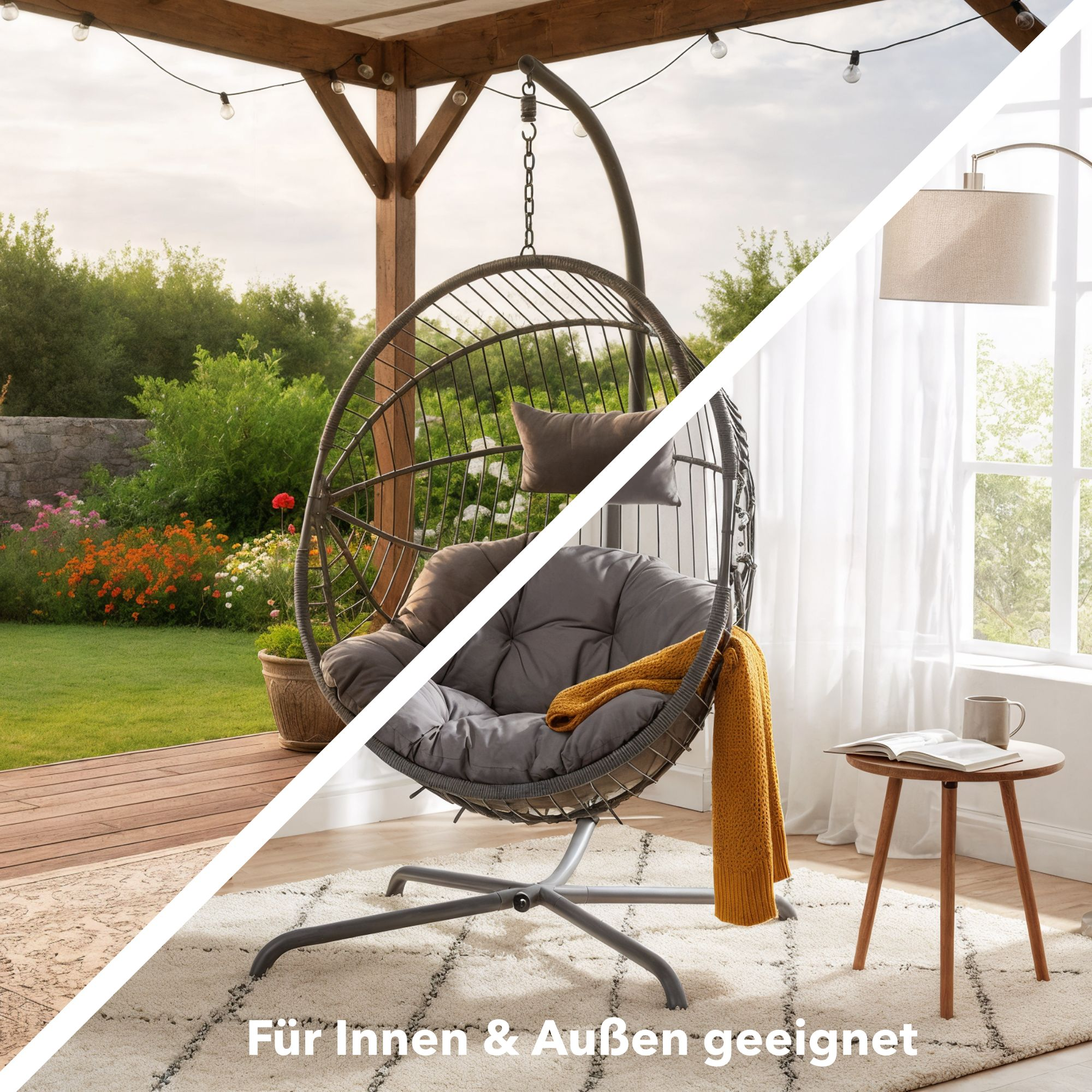 Hängesessel mit Kissen und Decke im Garten und drinnen mit Tisch und Lampe.