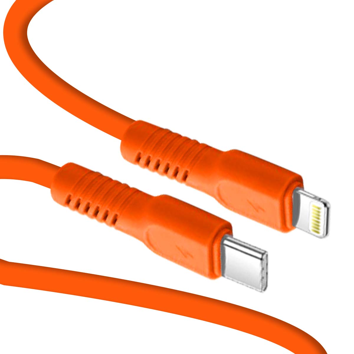Deux extrémités de câble orange : un connecteur USB-C et un Lightning.