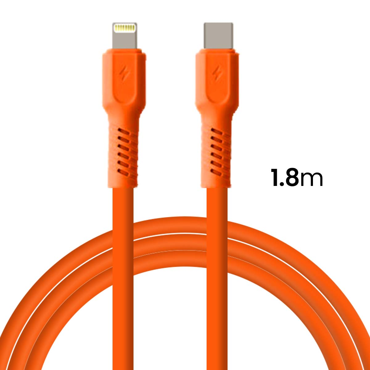 Un câble de chargement orange avec connecteurs Lightning et USB-C, 1,8 m.