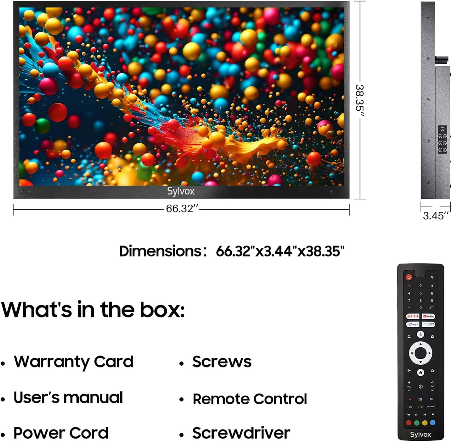 Ein großer Sylvox Fernseher mit buntem abstrakten Bildschirm, Maßen und Fernbedienung.