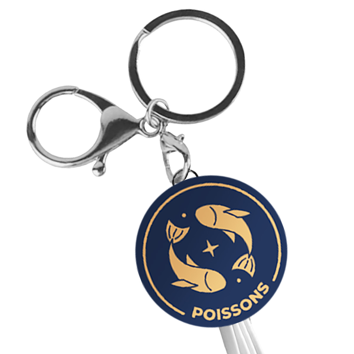 Portachiavi con il segno zodiacale Pesci, blu scuro con simbolo di pesce dorato.