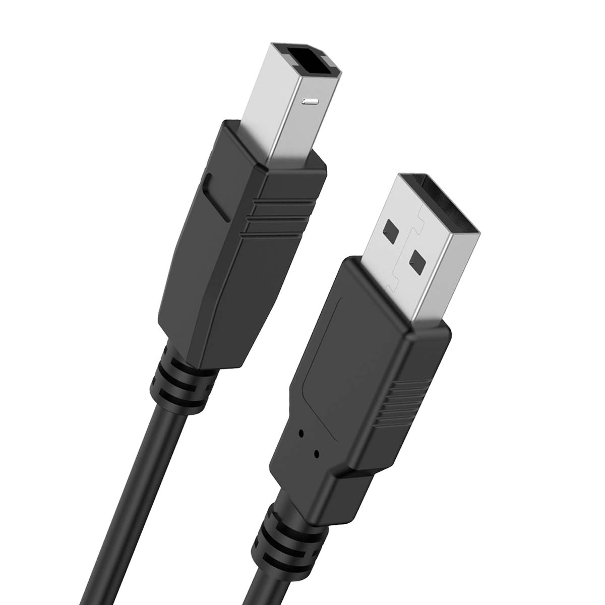 Deux câbles USB noirs avec connecteurs différents, gros plan.