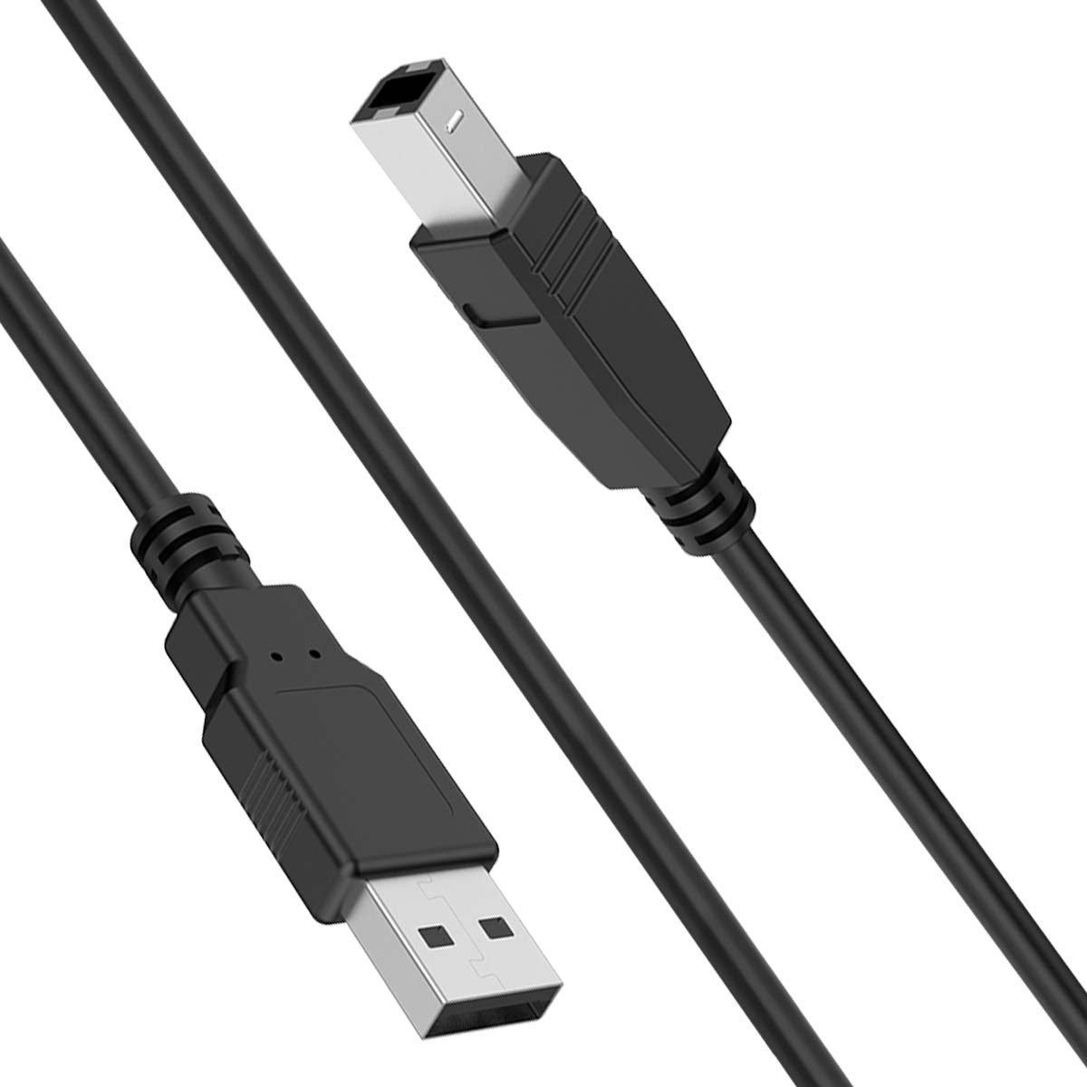 Un câble USB noir avec connecteurs Type-A et Type-B sur fond blanc.