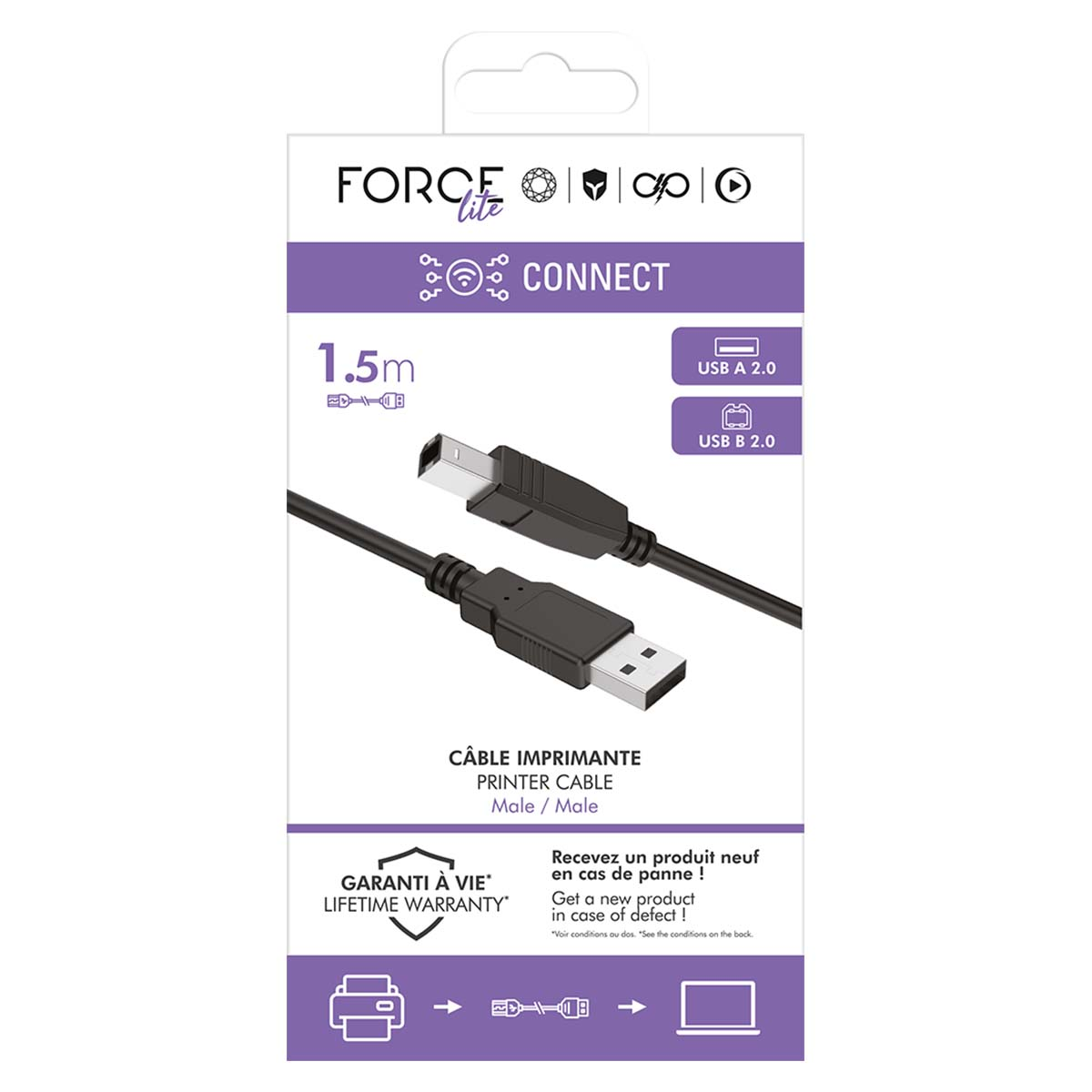 Un câble d'imprimante USB noir avec connecteurs USB-A et USB-B repose sur fond blanc.