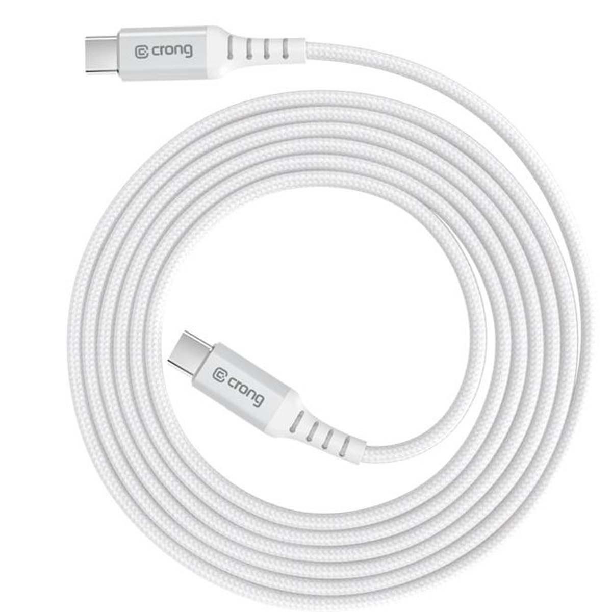 Un cavo USB-C bianco con due connettori, arrotolato su sfondo bianco.