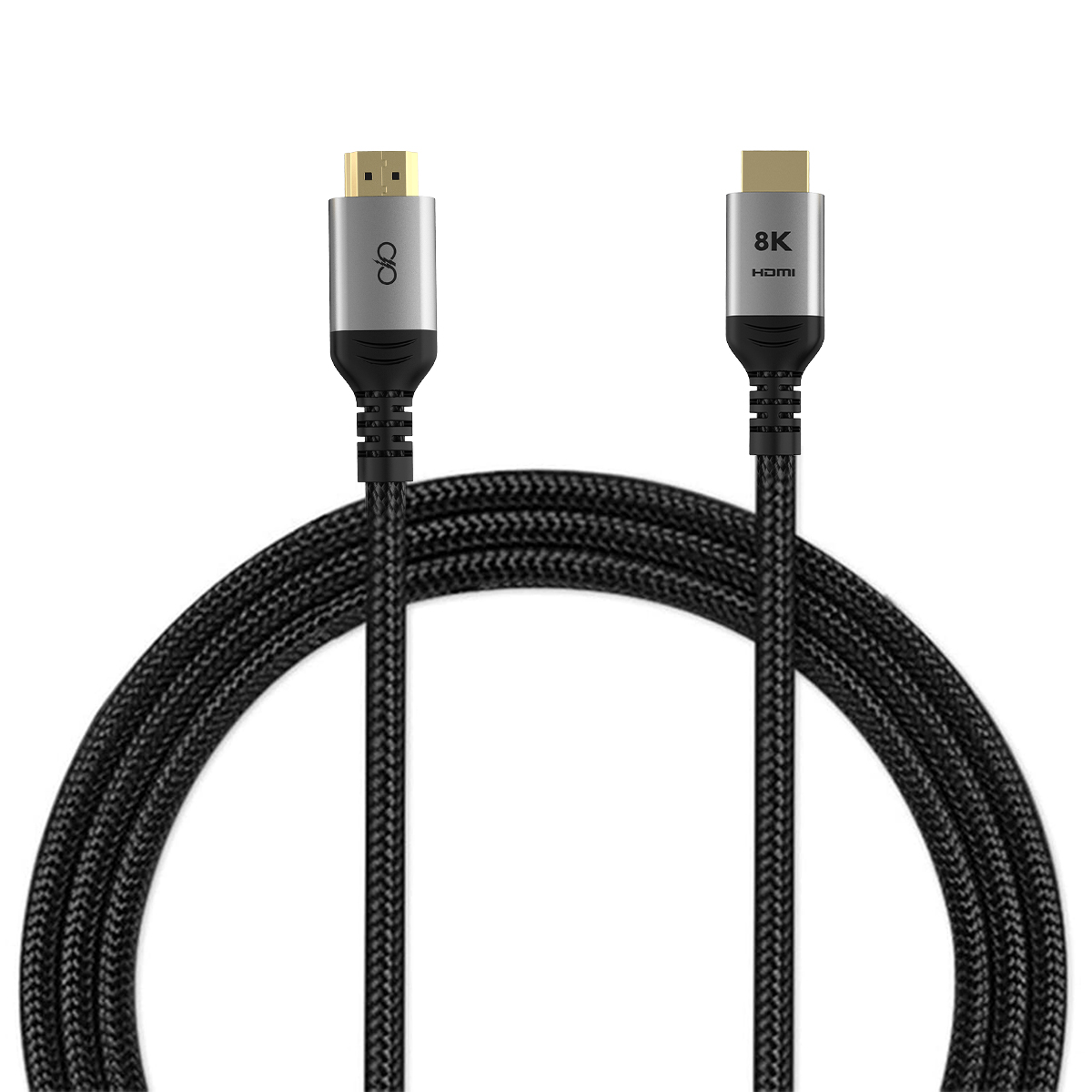 Un cavo HDMI nero con supporto 8K e connettori argentati.
