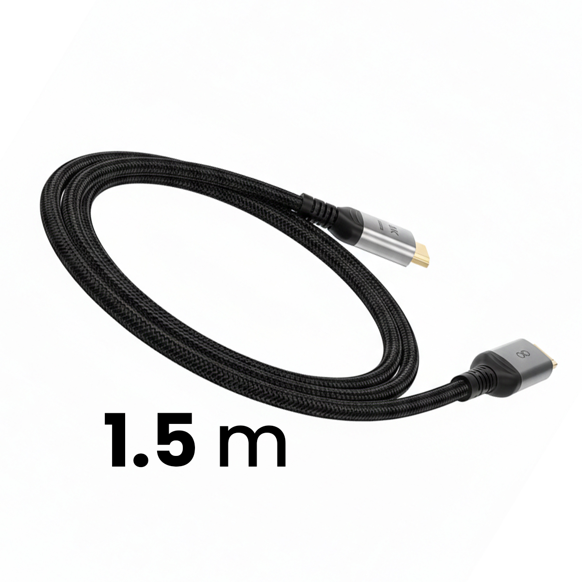 Cavo HDMI nero intrecciato da 1,5 m con connettori argentati e logo 8K.