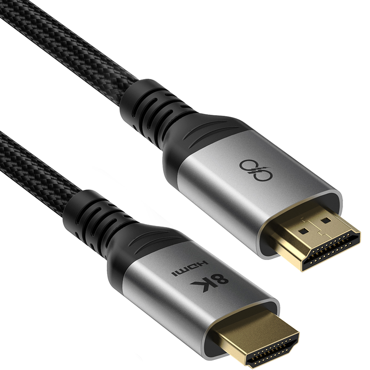 Un cavo HDMI nero con connettori argentati, contrassegnato 8K.