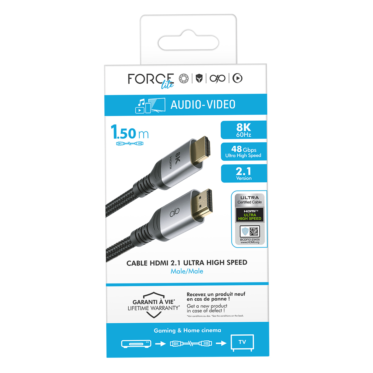 Confezione per cavo HDMI 2.1 da 1,50m con 8K 60Hz, 48 Gbps.