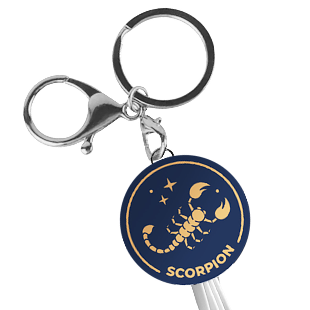 Portachiavi con simbolo di scorpione e scritta SCORPION su cerchio blu scuro.
