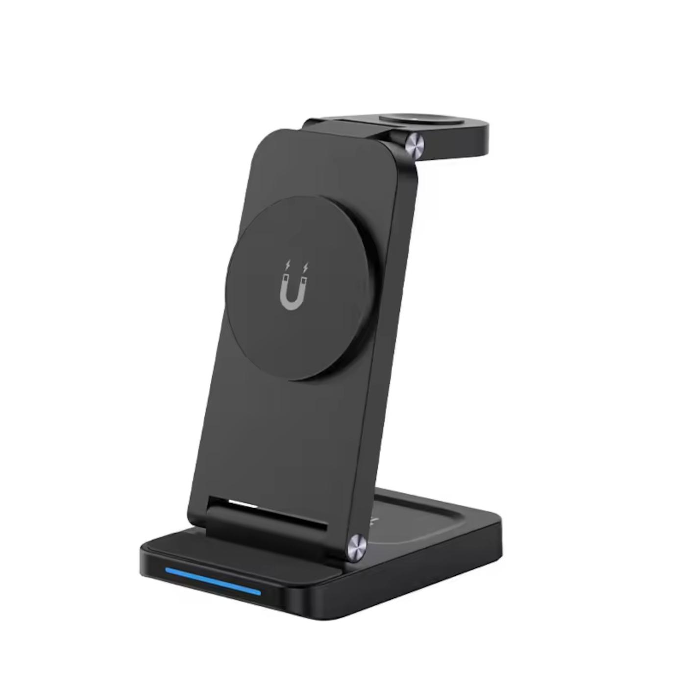 Schwarzes kabelloses Ladegerät mit Magnet-Symbol und blauer LED.