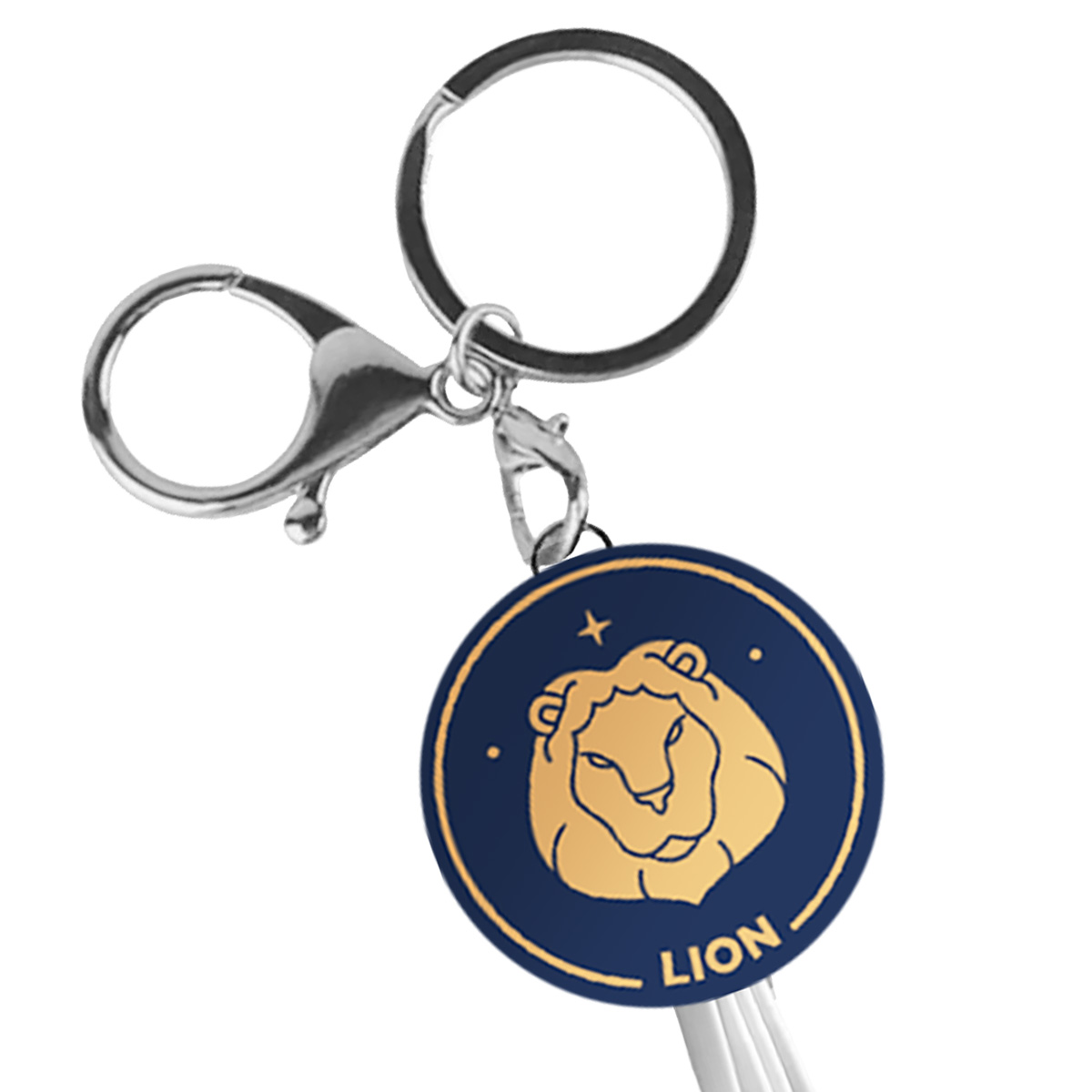 Un portachiavi con simbolo di leone su disco rotondo blu scuro.