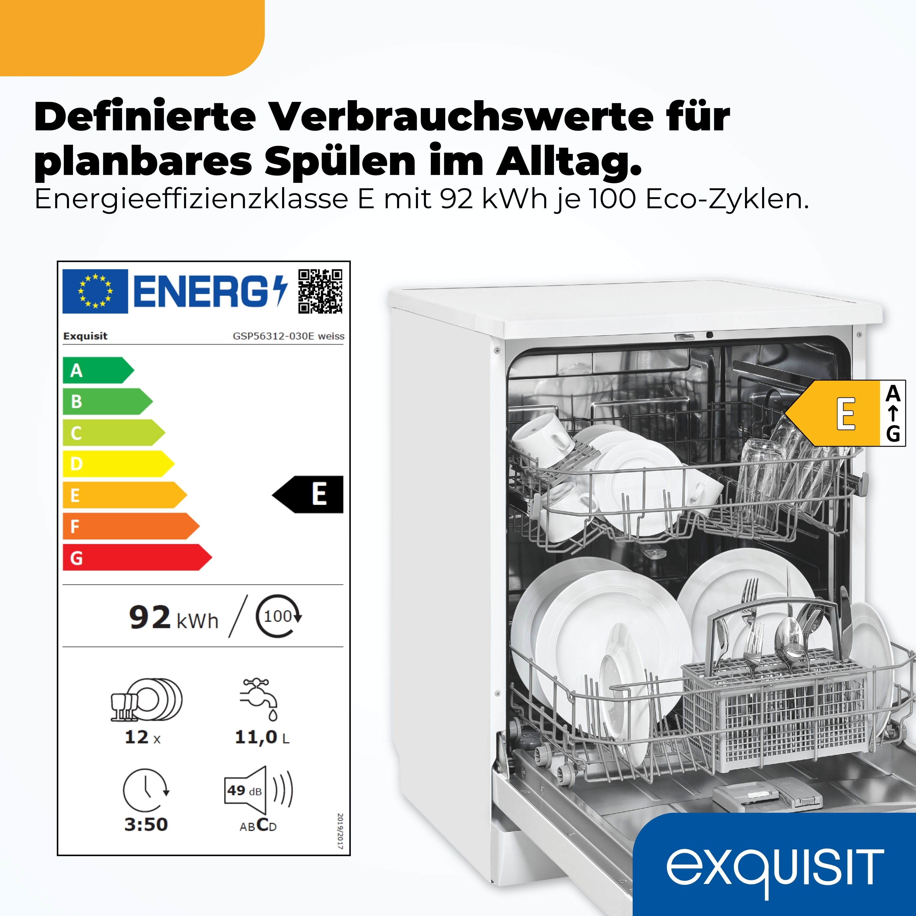 Geschirrspüler mit Energieeffizienzklasse E, gefüllt mit Geschirr.