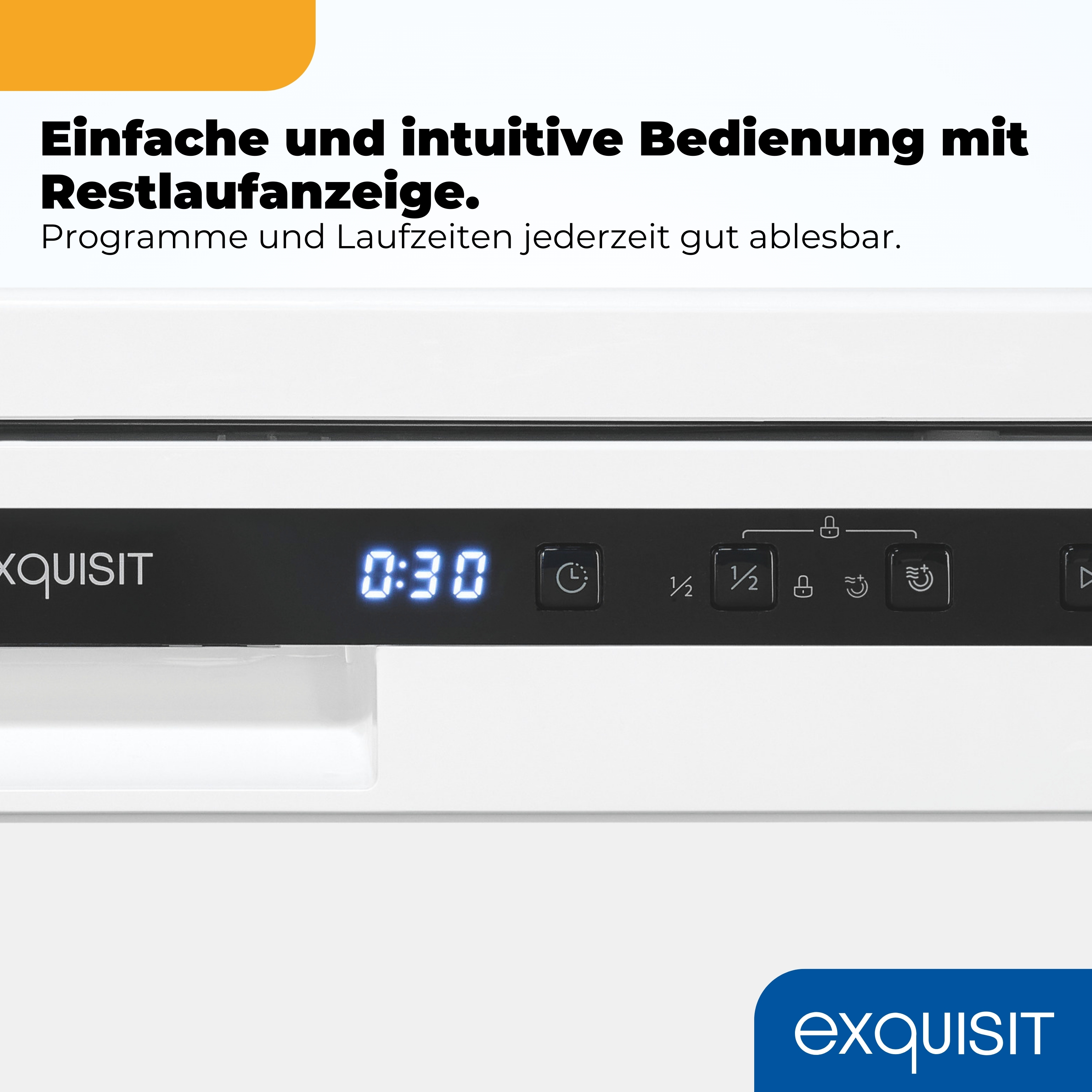 Ein Geschirrspüler-Bedienfeld mit Digitalanzeige '0:30'.