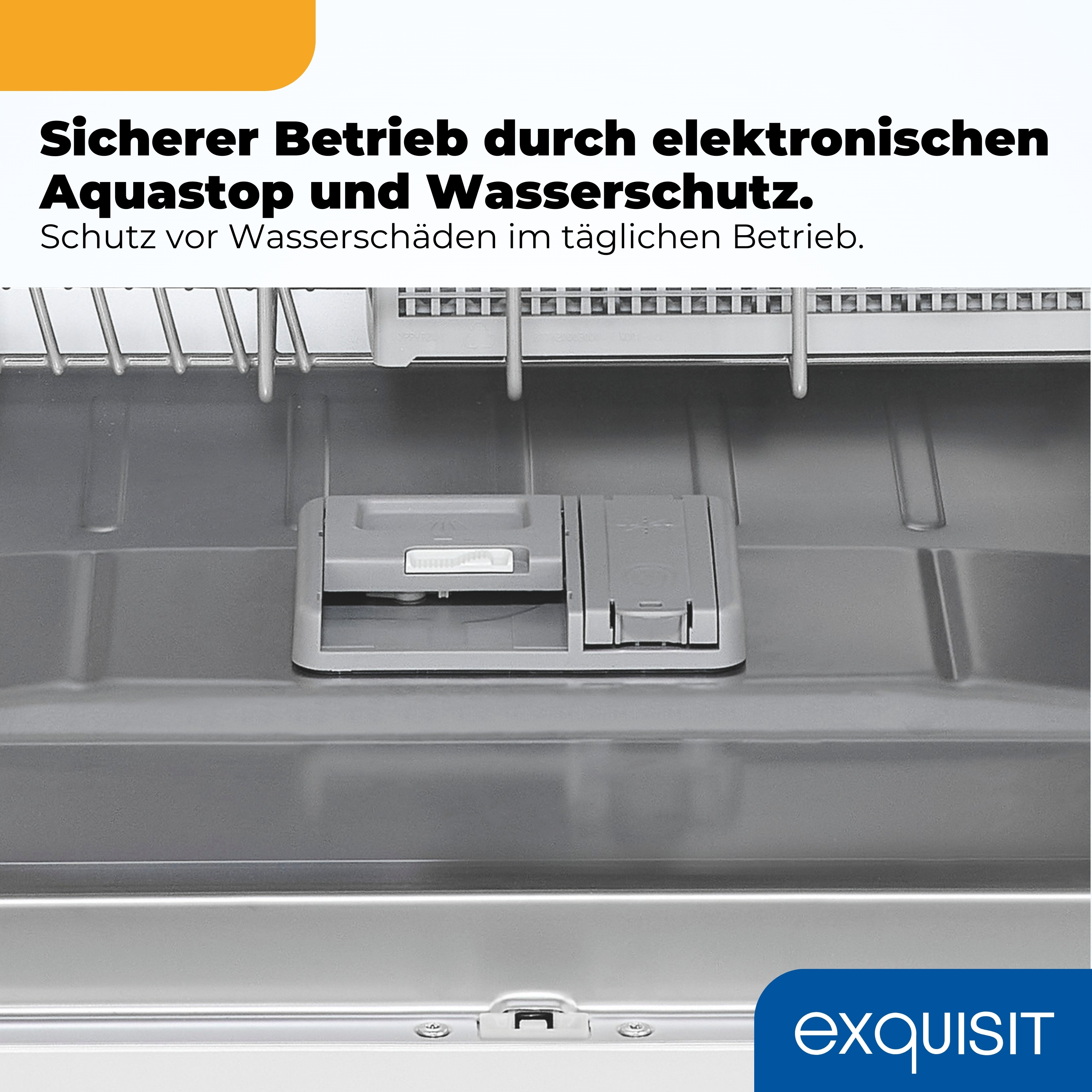 Detailansicht einer Spülmaschine mit Aquastop und Wasserschutz.