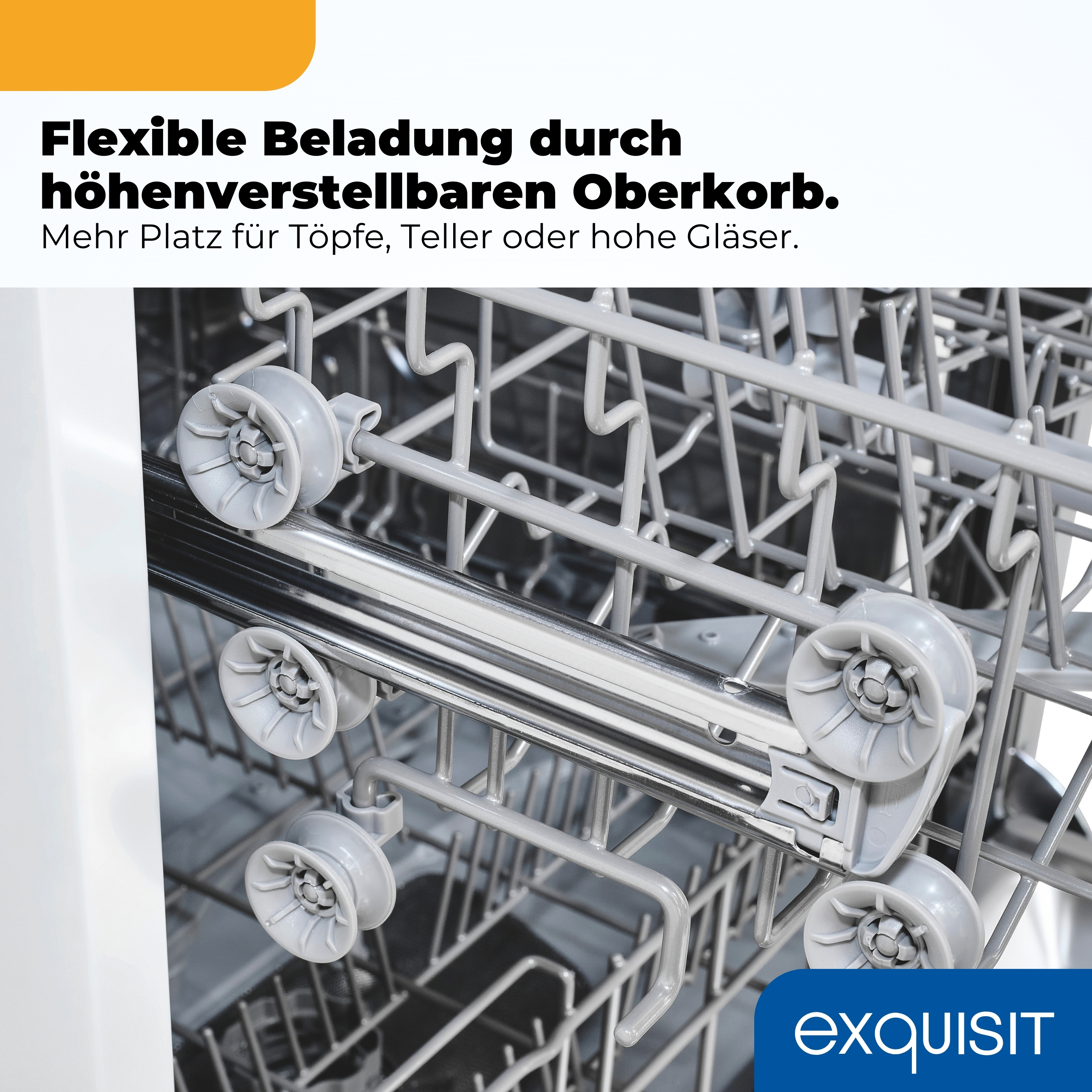 Innenansicht eines Geschirrspülkorbs mit Rädern und Gitterstruktur.