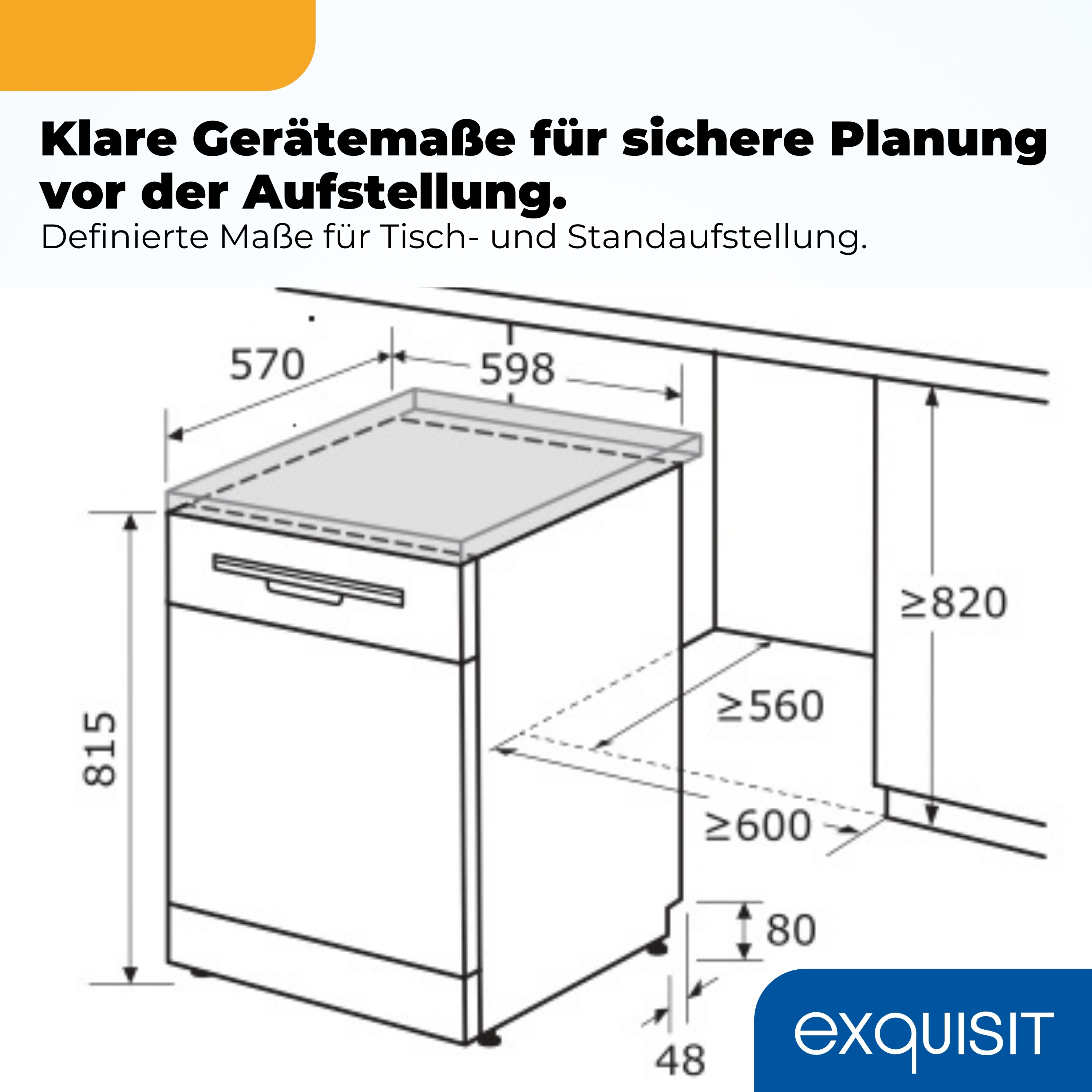 Technische Zeichnung mit Maßen 570x598x815 mm und Einbaumaßen.