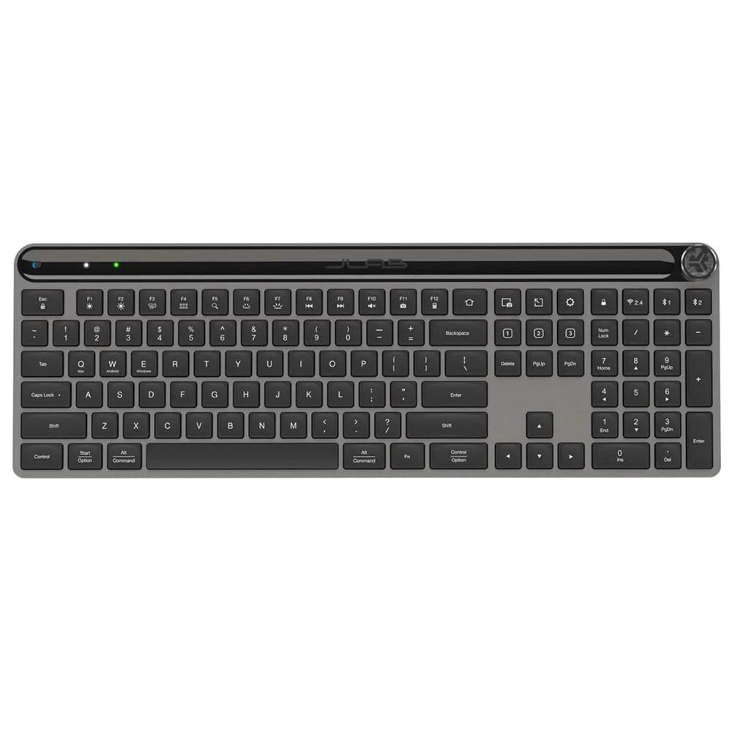 Una tastiera wireless grigia con layout QWERTY e tastierino numerico.