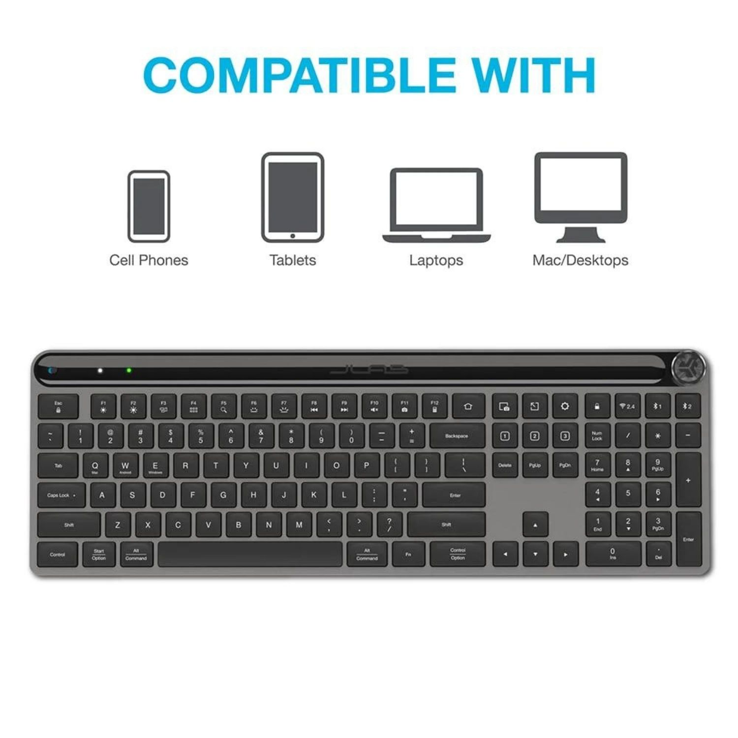 Tastiera grigia con icone per cellulare, tablet, laptop, desktop. Compatibile con.