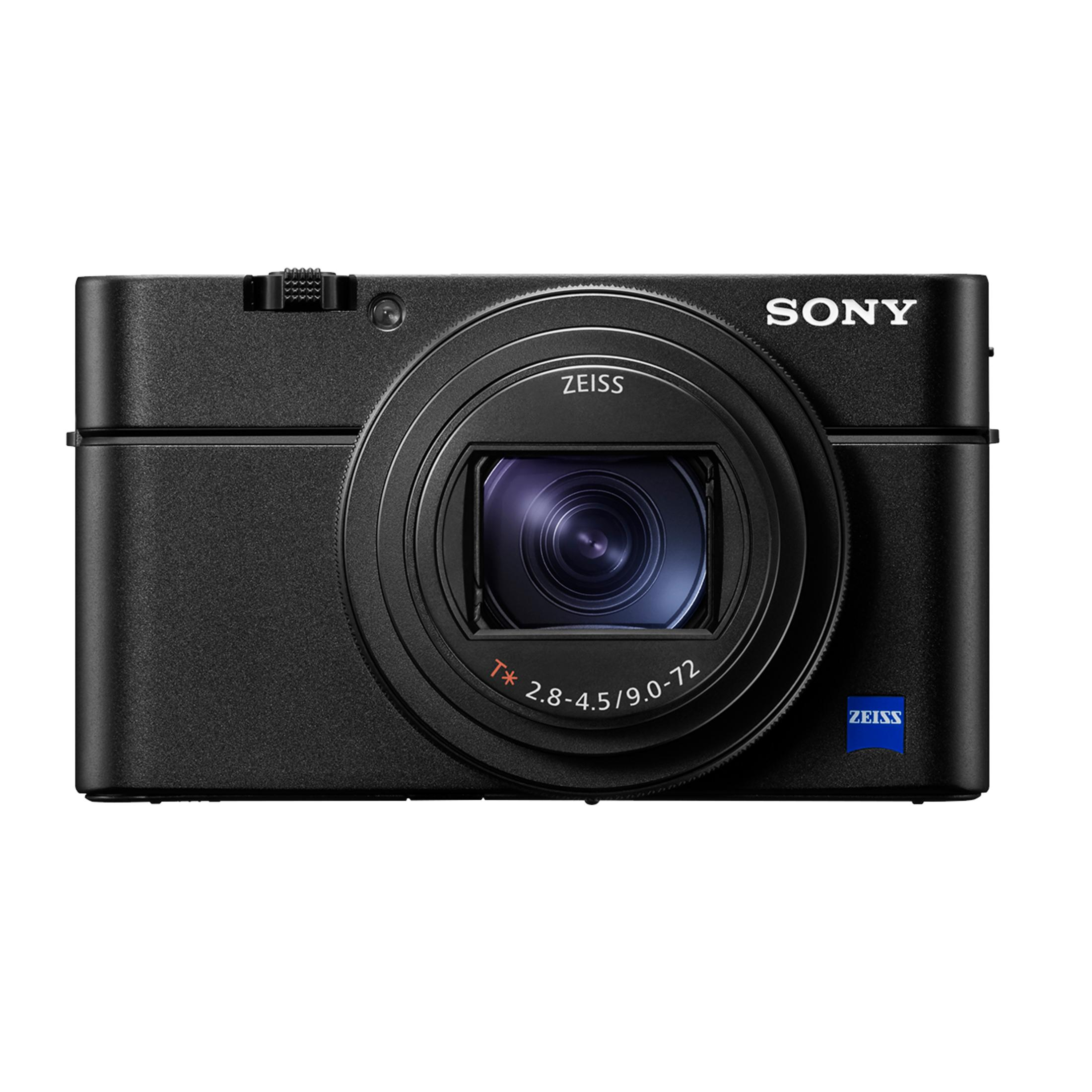 Eine schwarze Sony-Kamera mit Zeiss-Objektiv steht im Fokus.