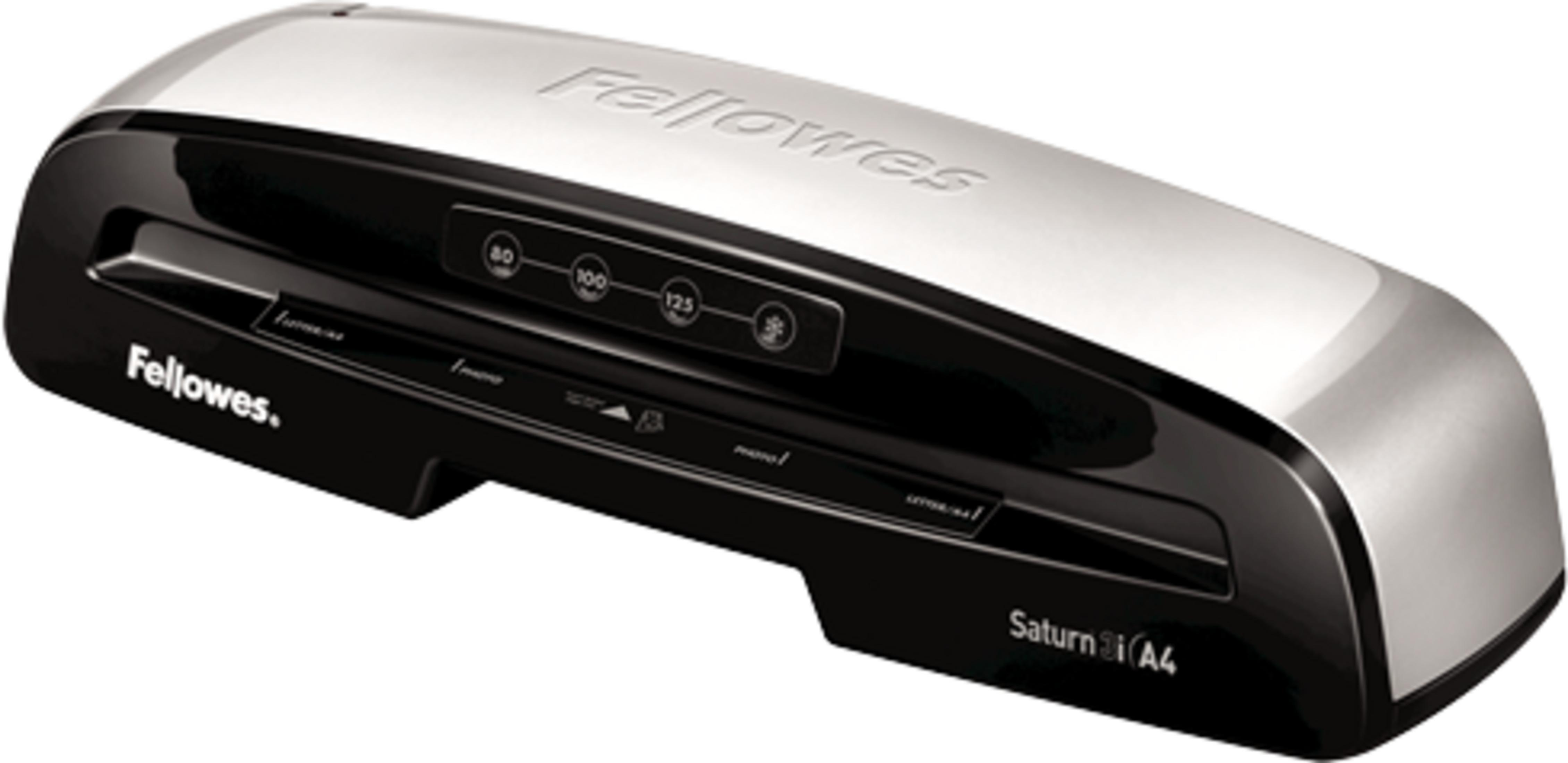 Fellowes Saturn 3i A4 Laminiergerät mit silberner Oberseite und schwarzem Gehäuse.