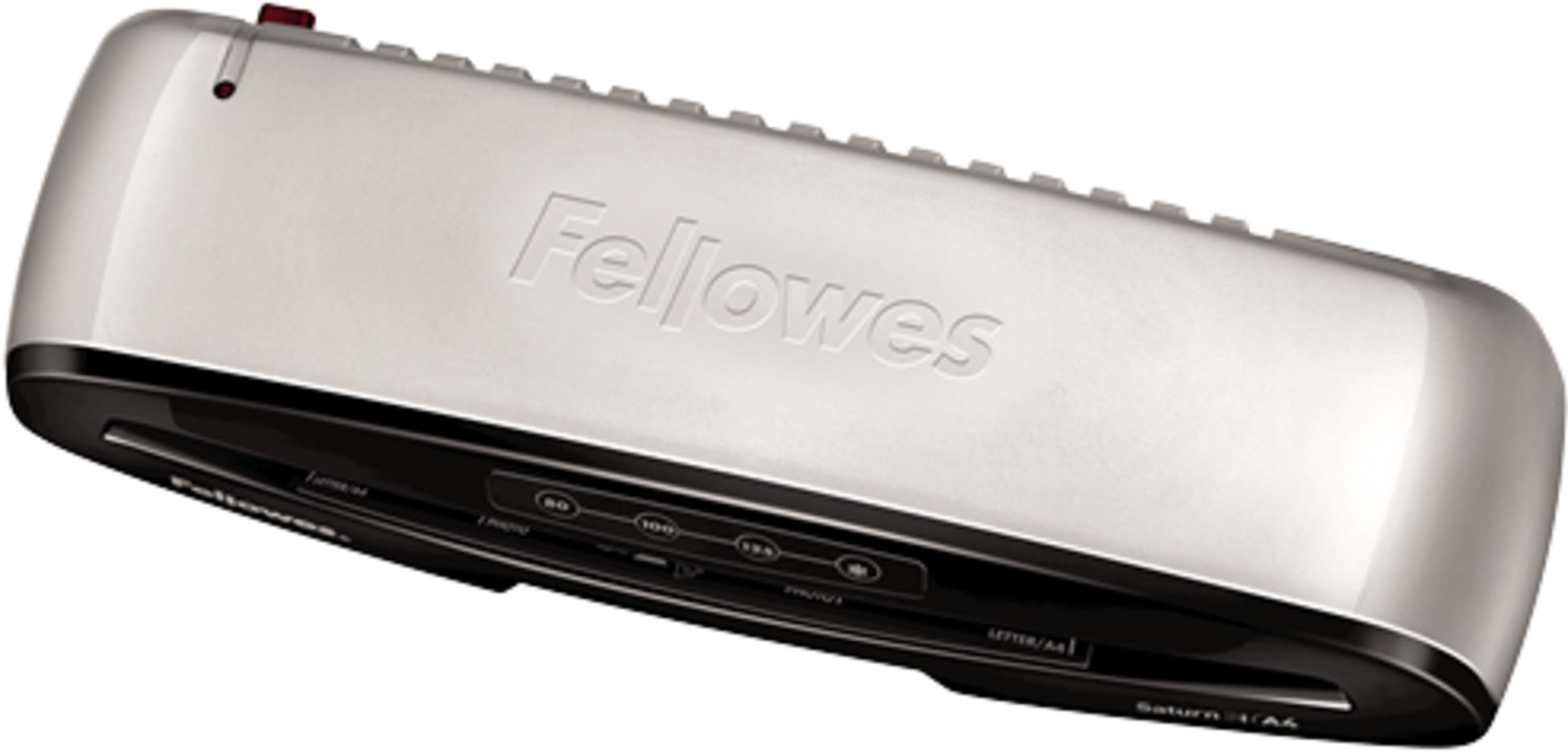 Silberner Fellowes Aktenlaminator mit schwarzer Basis und Bedienelementen.