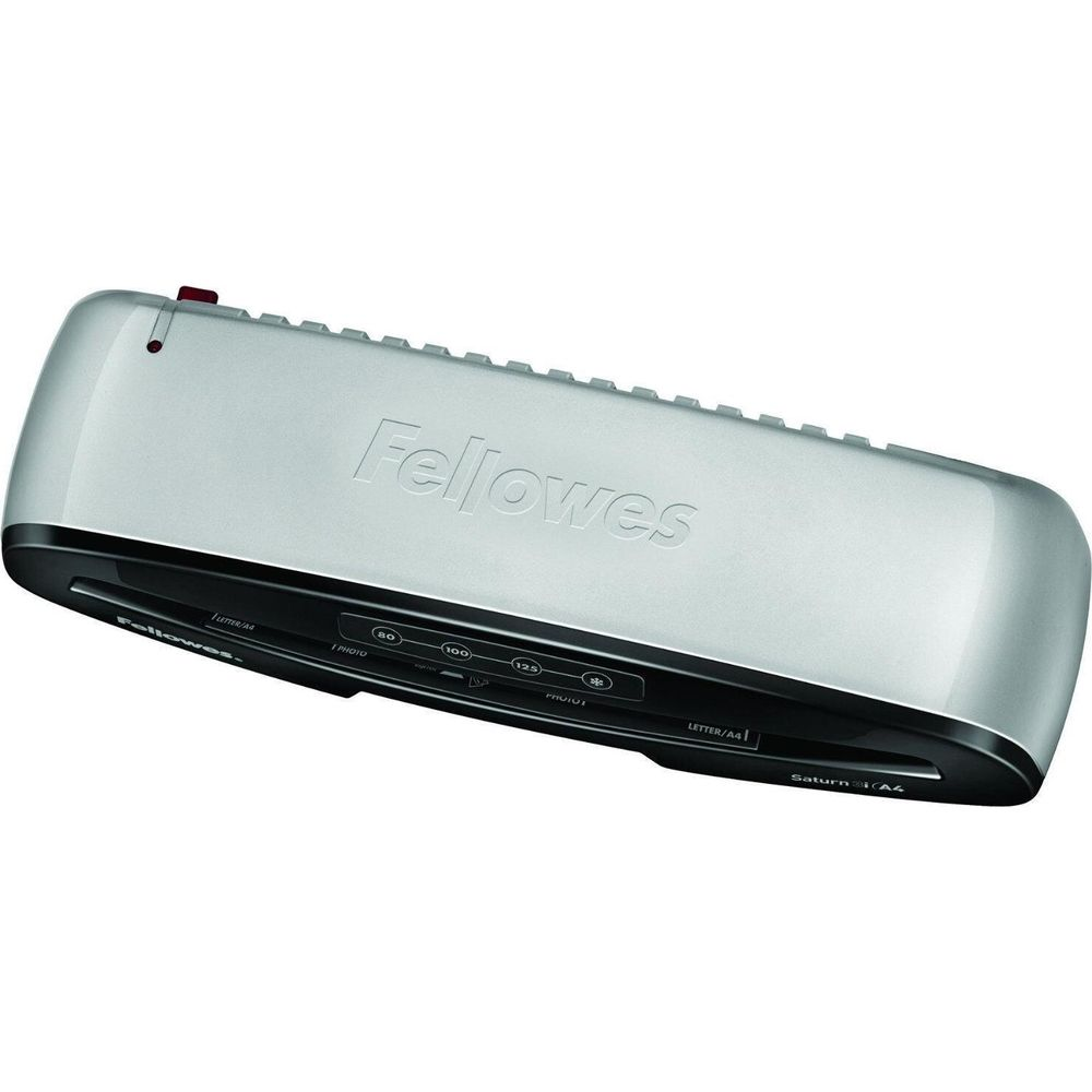 Silberner Fellowes Aktenlaminator mit schwarzem Bedienfeld und Einstellungen.