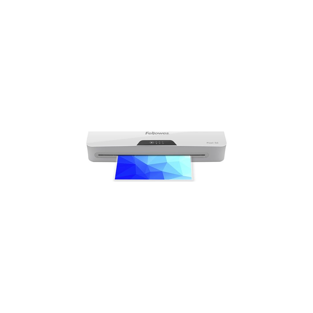 Ein weißer Fellowes Aktenlaminator mit einem blauen geometrischen Muster.