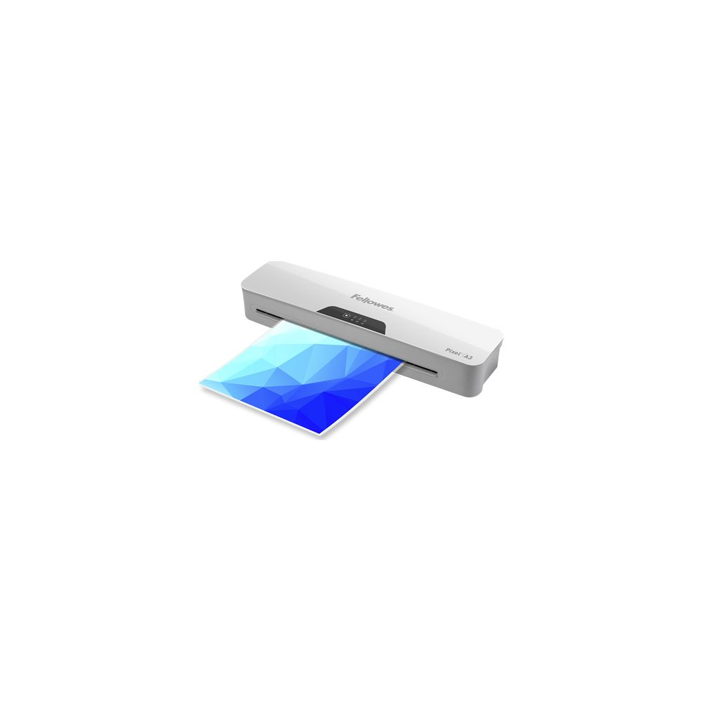 Ein silberner Fellowes-Laminator mit blauem, geometrischem Papier.
