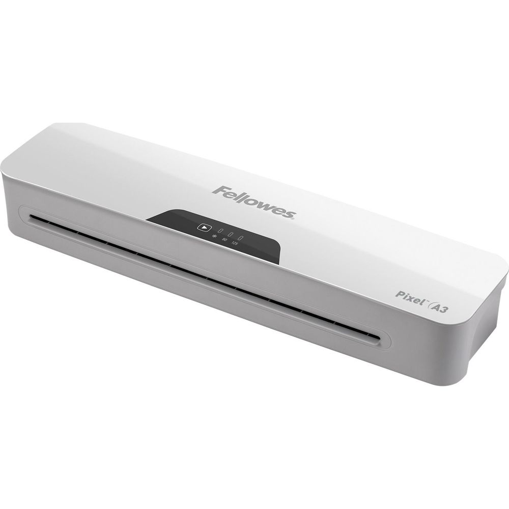Ein weißer Fellowes Pixel A3 Laminator mit Bedienelementen und Anzeigen.