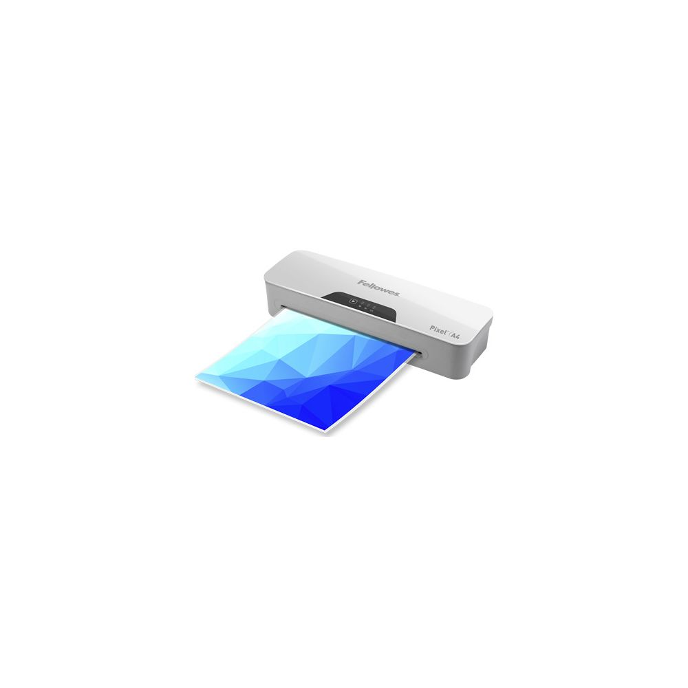 Ein silberner Fellowes Pixel A4 Laminator mit einem bedruckten Blatt Papier.