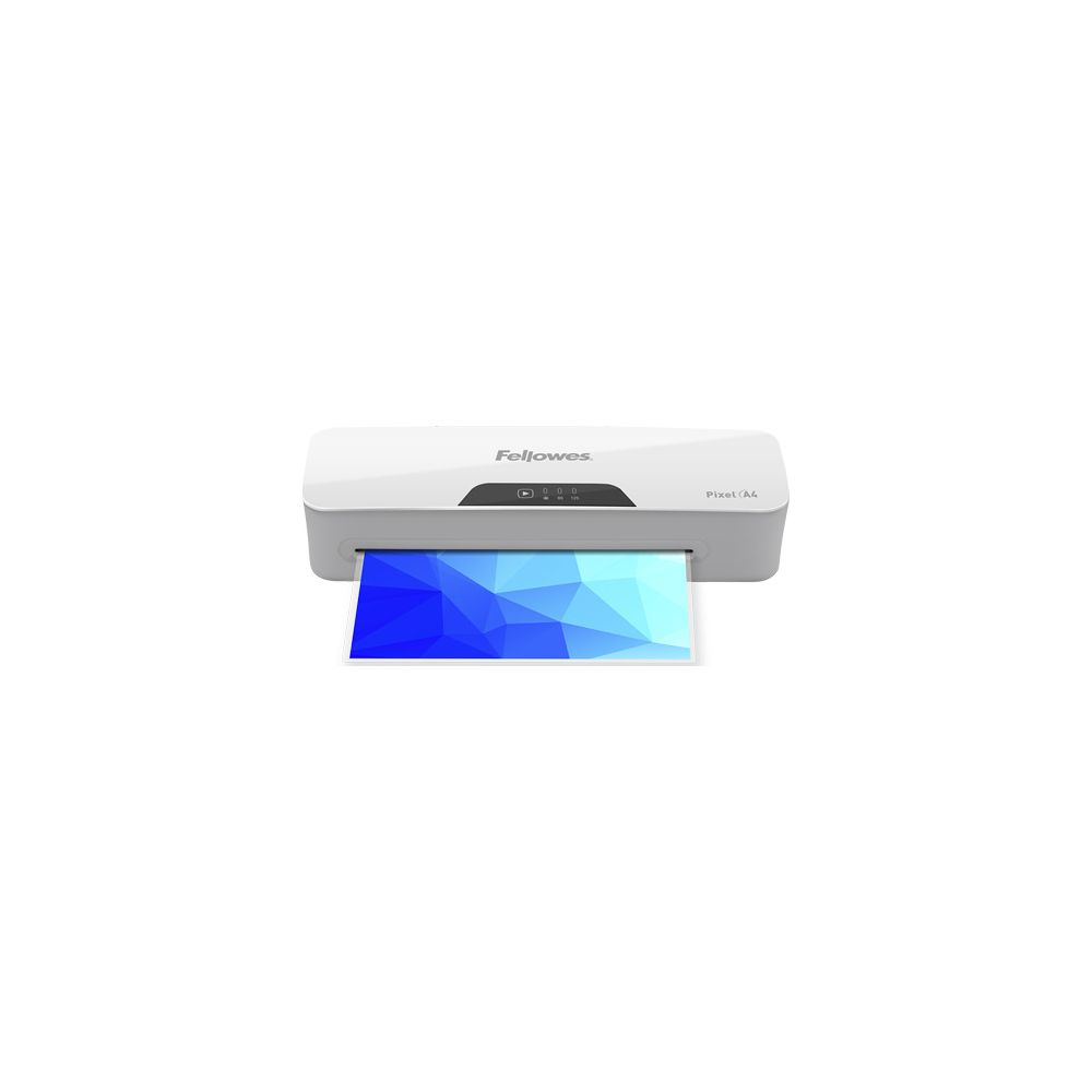Ein weißer Fellowes Pixel A4 Laminator mit einem Blatt Papier, das einen blauen polygonalen Druck zeigt.