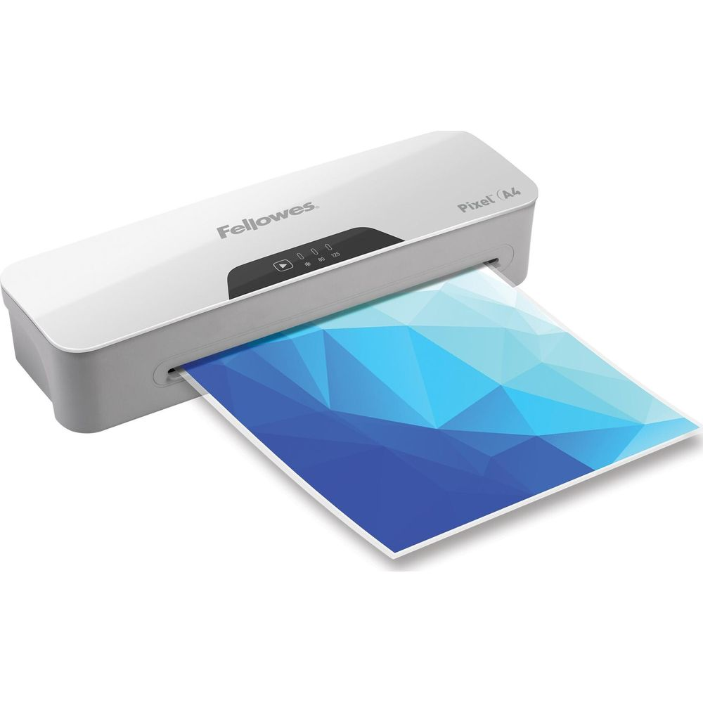 Ein weißer Fellowes Aktenlaminator mit einem geometrischen Blatt in Blau.