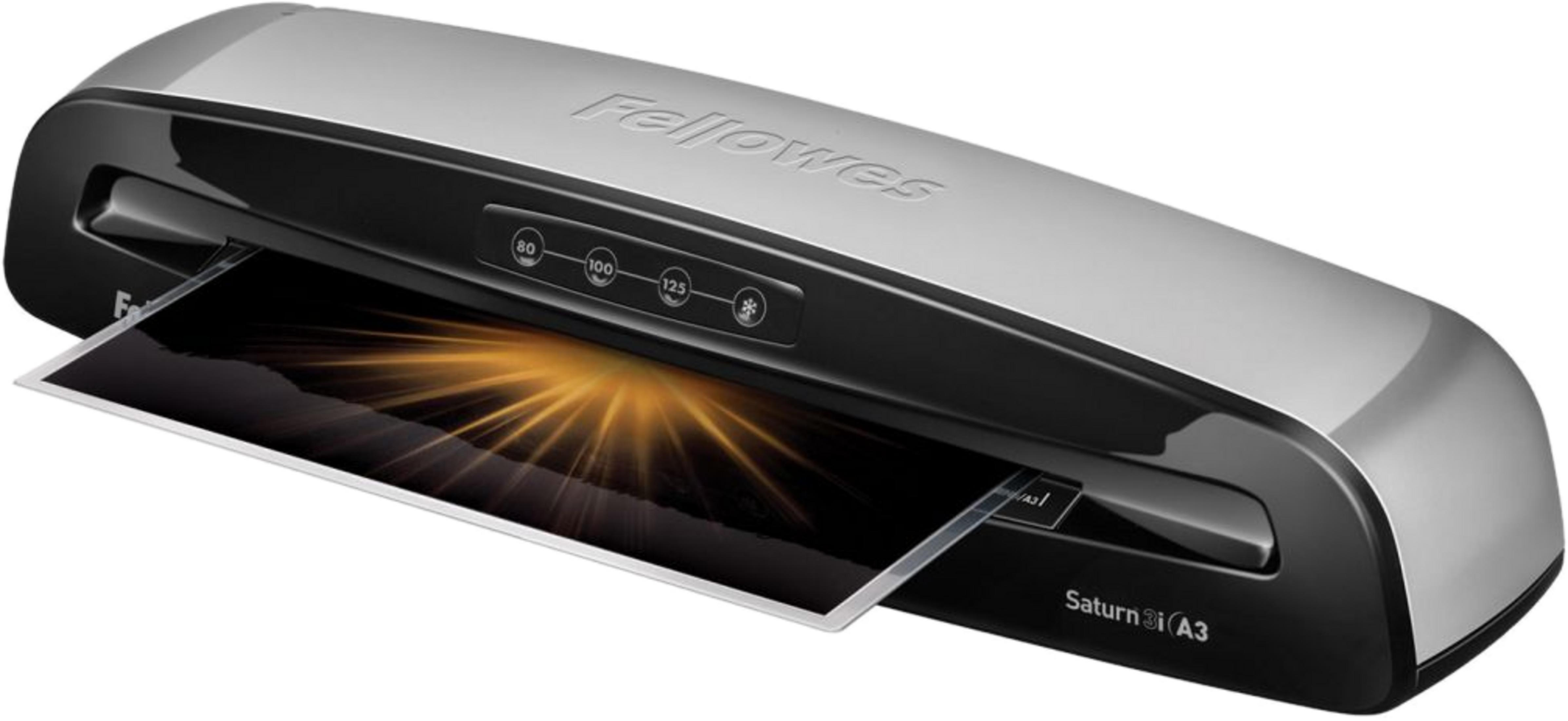 Plastifieuse Fellowes Saturn 3i A3 avec une image en cours d'insertion.