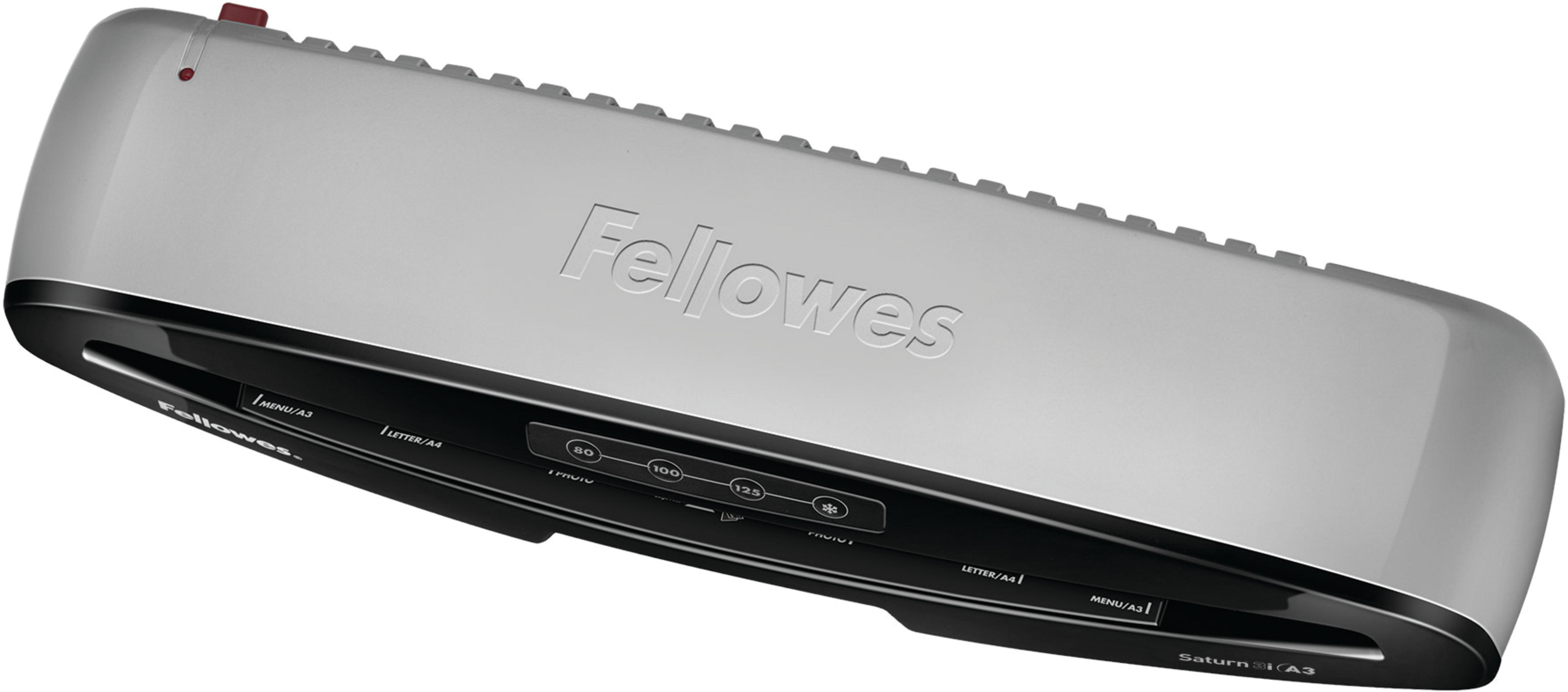 Un plastificateur Fellowes argenté avec panneau de commande et boutons noirs.