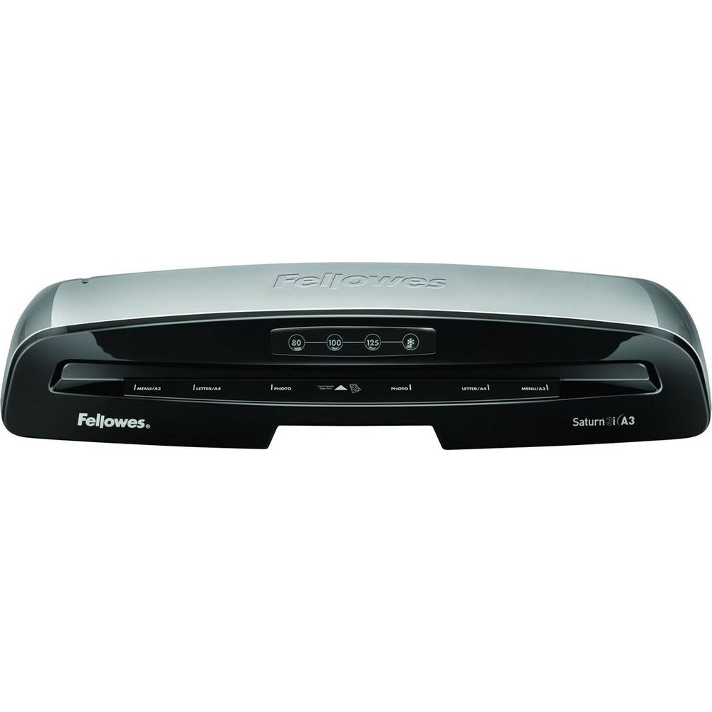Une plastifieuse Fellowes Saturn 3i A3 noire et argentée avec boutons de commande.