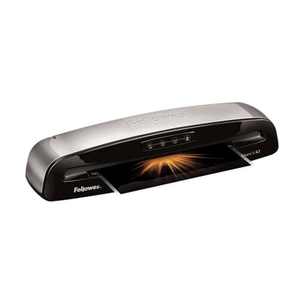 Un plastifieuse Fellowes argentée et noire avec des lumières sur le dessus.