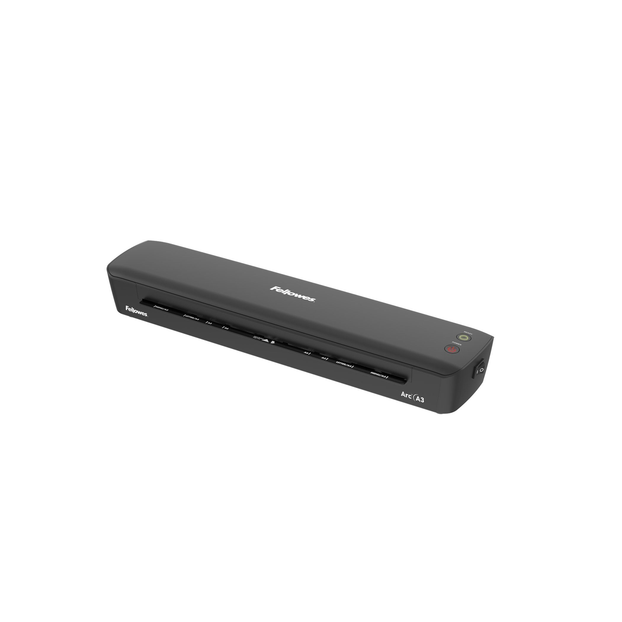Ein schwarzer Fellowes Arc A3 Laminator mit Bedienelementen und Netzschalter.