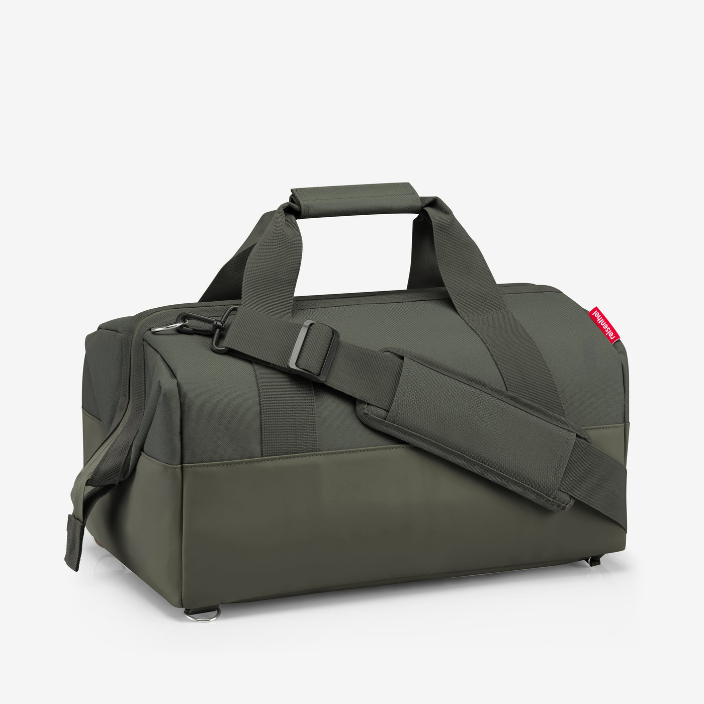 Dunkelgrüne Reisetasche mit Tragegriffen und Schultergurt, rote Logo-Markierung.