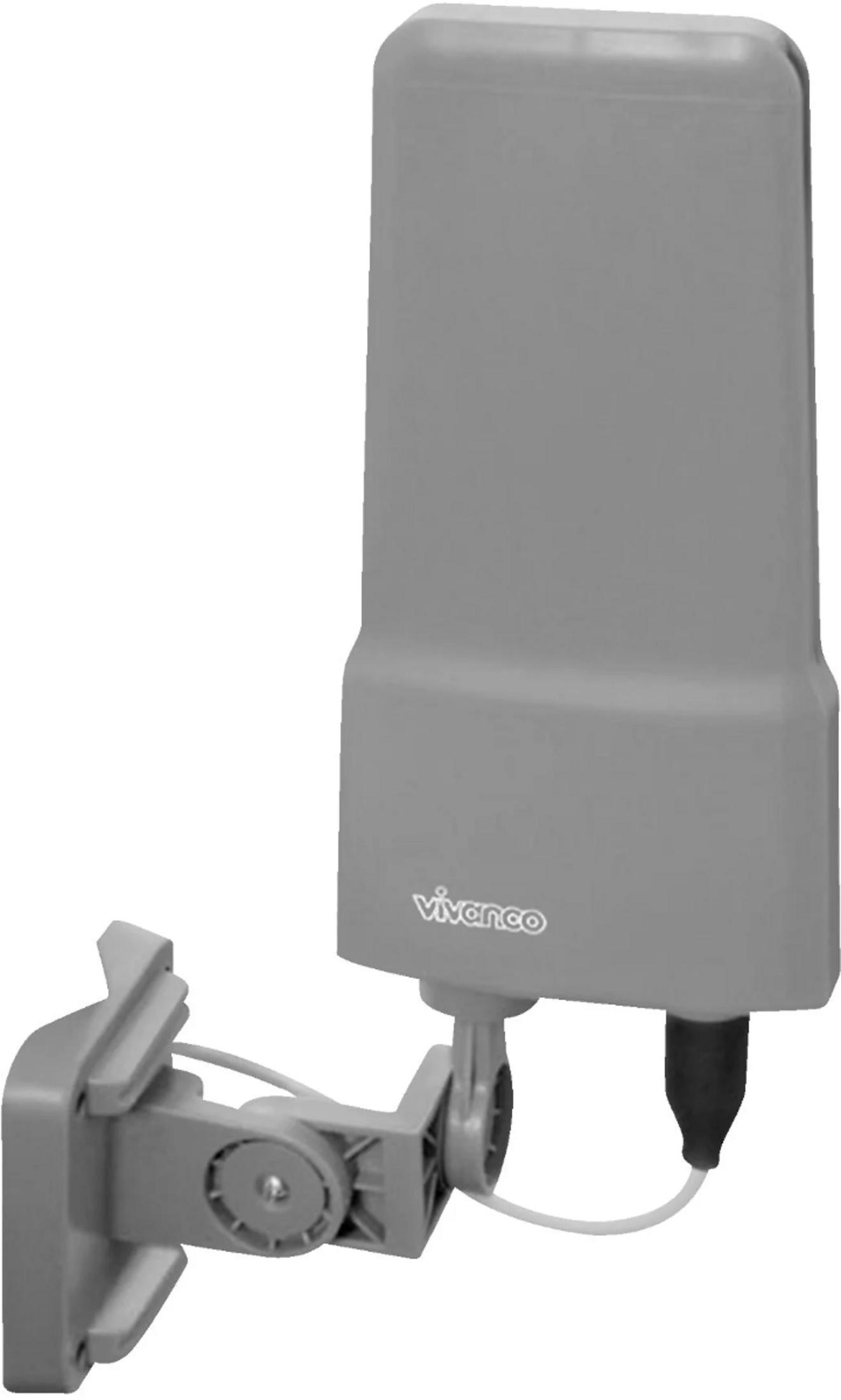 Boîtier d'antenne gris avec logo Vivanco, monté sur un bras métallique gris.