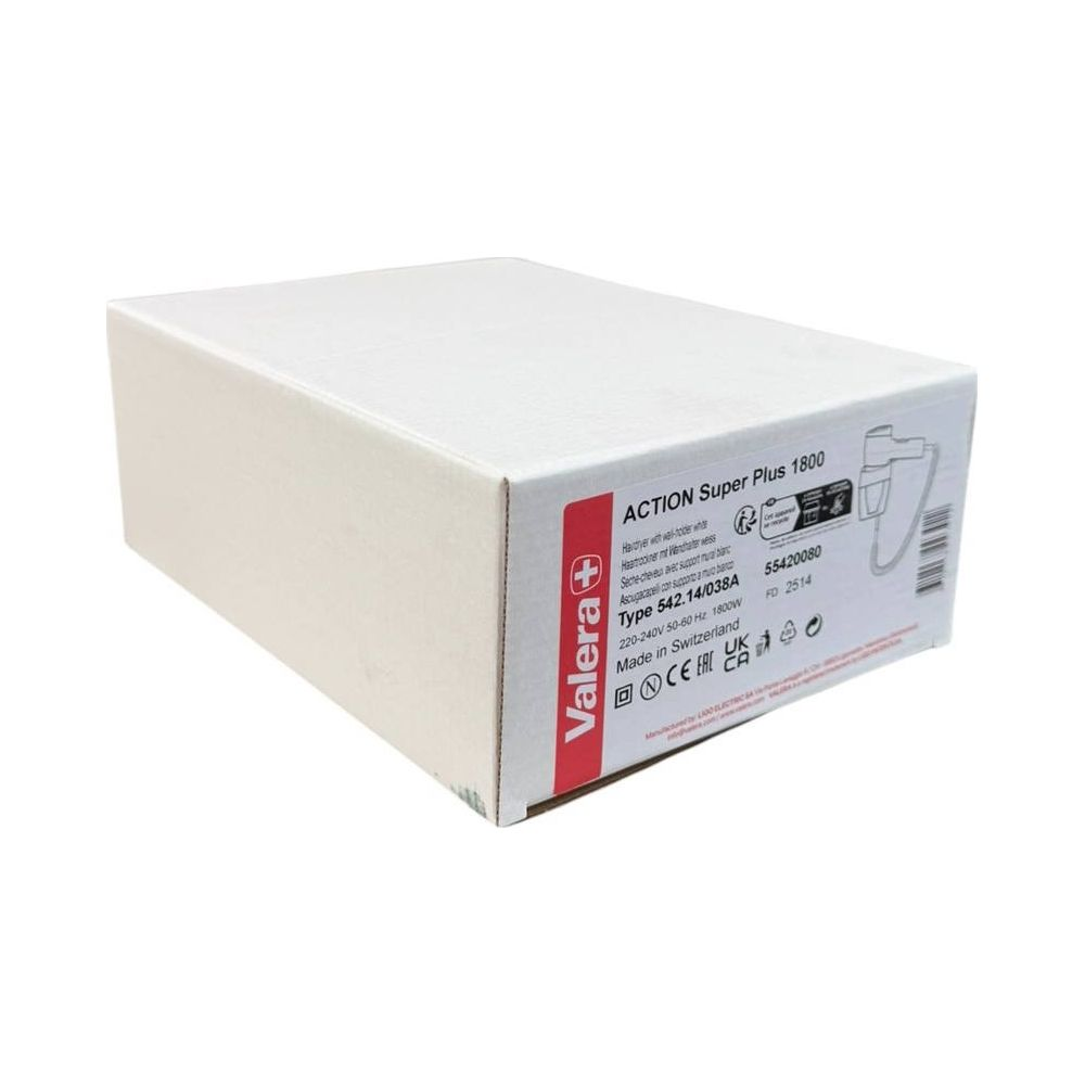 Witte Valera doos met productinfo, Made in Switzerland.