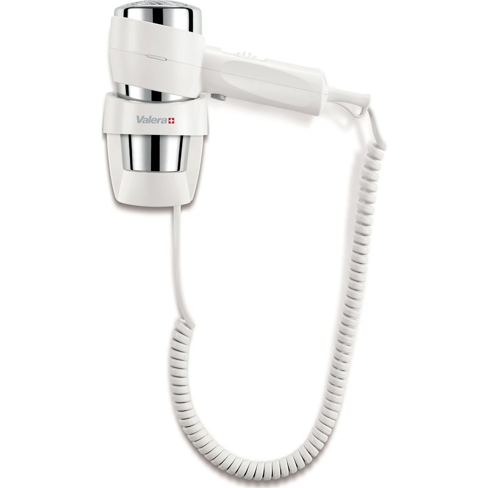 Een witte Valera wandhaardroger met zilveren accenten en een spiraalkabel.