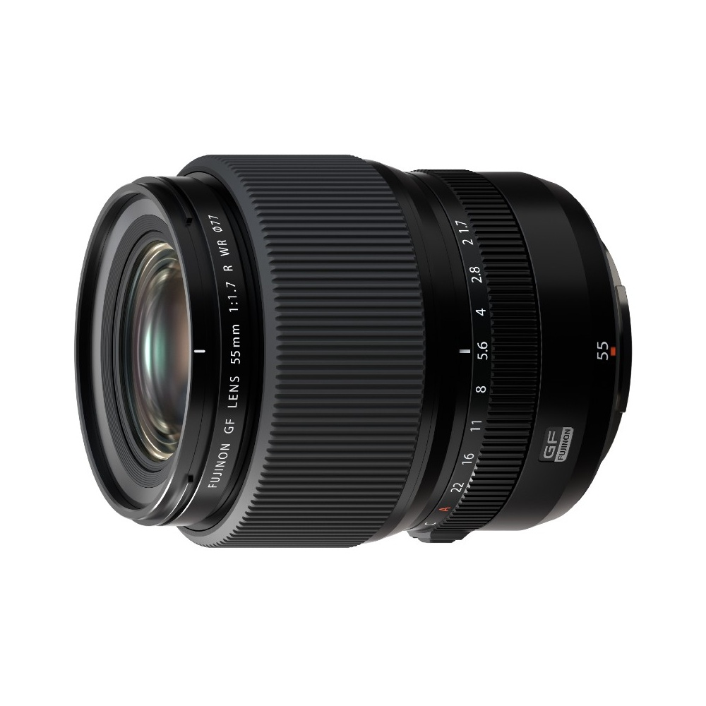 Czarny obiektyw Fujinon GF 55mm 1:1,7 z pierścieniem ostrości i przysłony.